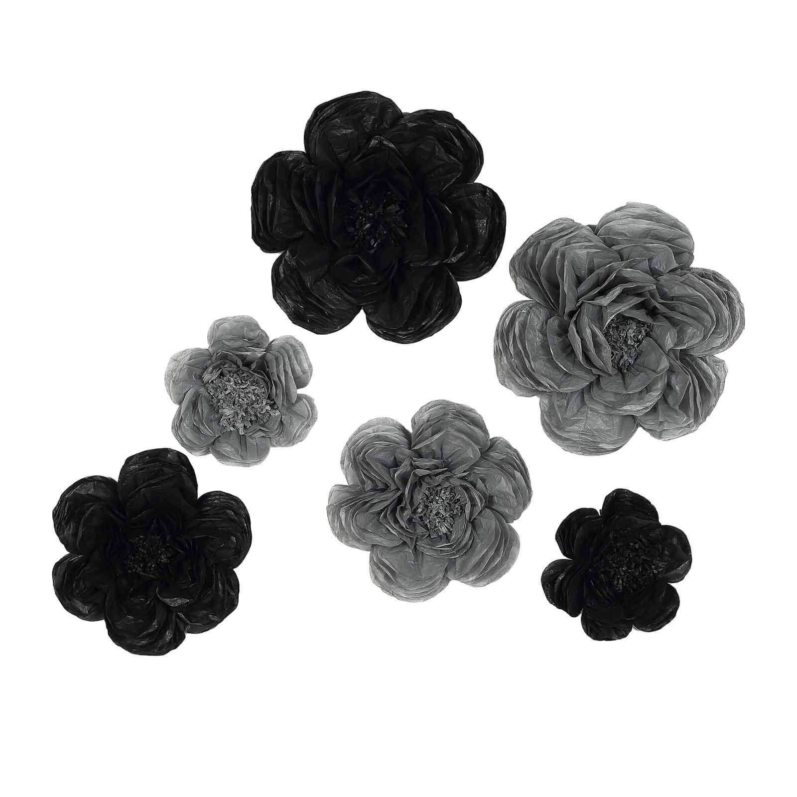 Set of 6 Black Charcoal Gray Peony 3D Paper Flowers Wall Decor - 7",9",11"
