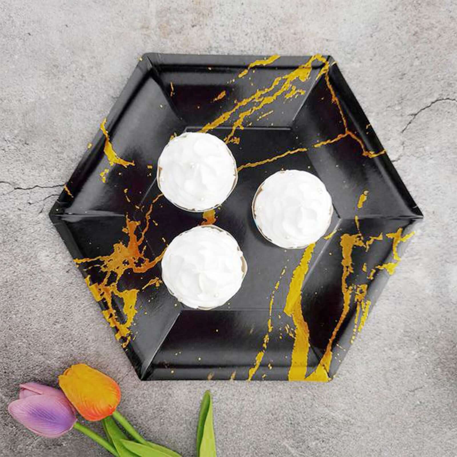 25-Pack Paper 12" Hexagon Dinner Plates in Black with Gold Marble Design - Disposable Geometric 400GSM Party Plates for Events & Banquets