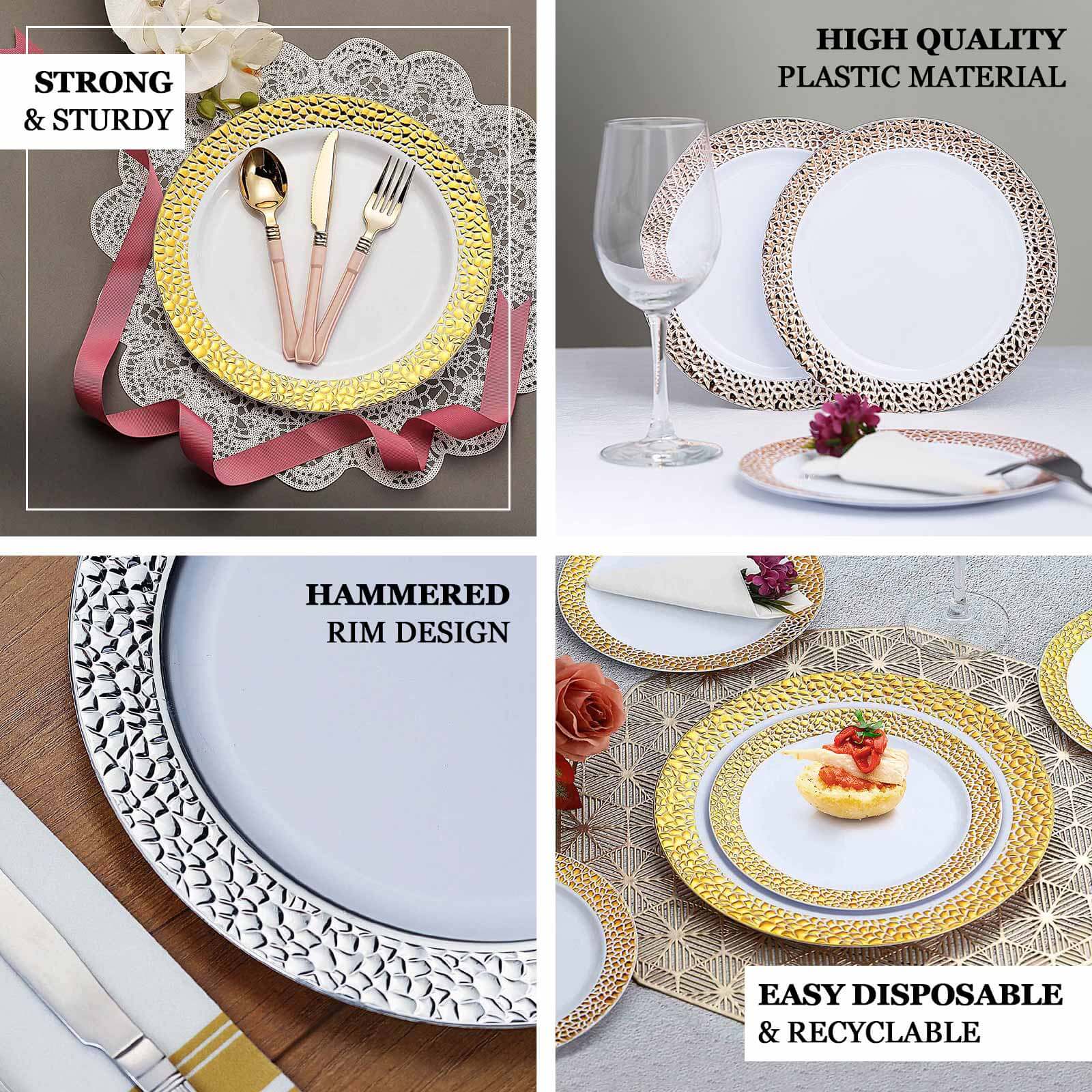 10-Pack Plastic 7.5" Round Appetizer Plates in Opaque Black Hammered Design with Gold Rim - Disposable Salad Plates for Chic Banquets & Special Occasions