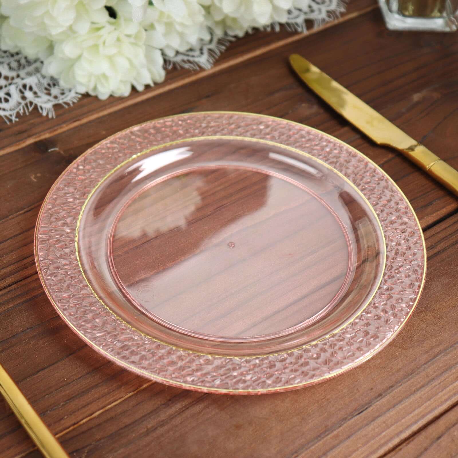 10-Pack Plastic 7.5" Round Appetizer Plates in Blush Hammered Design with Gold Rim - Disposable Salad Plates for Chic Banquets & Special Occasions