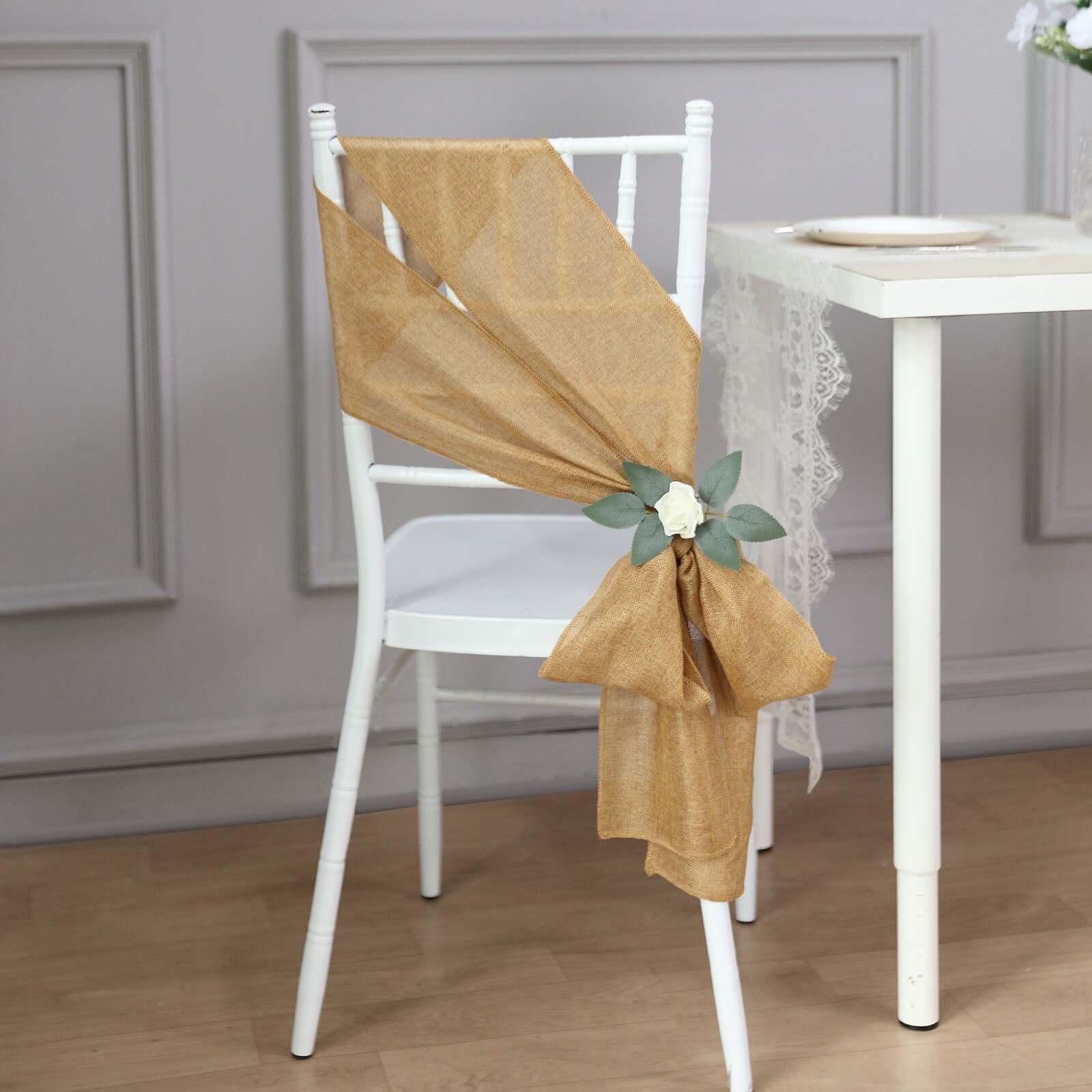 5 Pack Jute Faux Burlap 6"x108" Chair Sashes Gold - Boho Chic Linen Decor for Weddings & Gatherings
