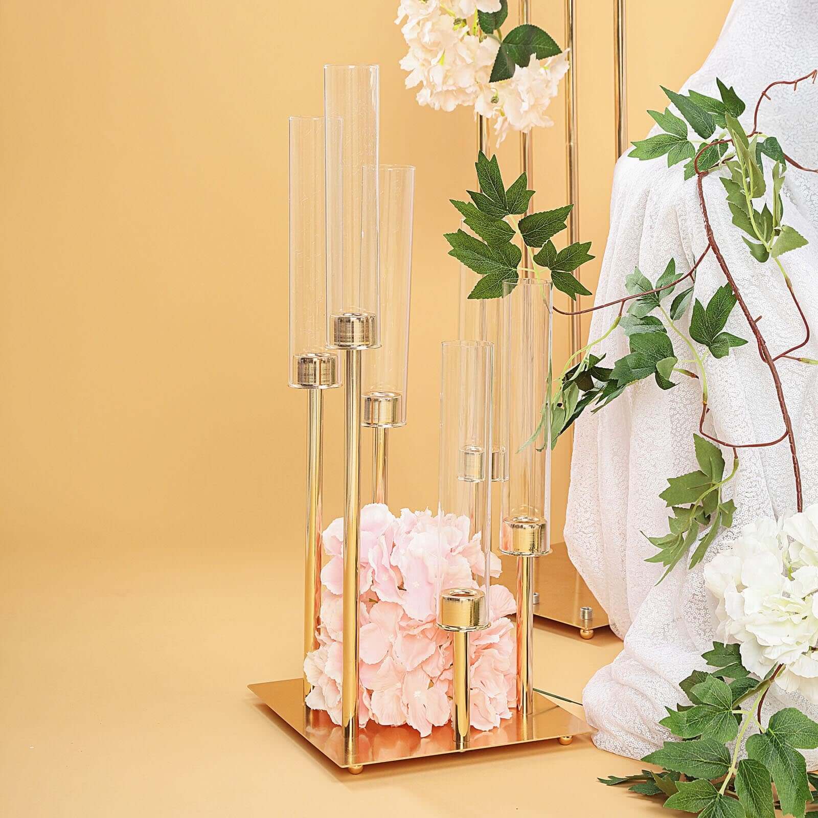 6-Arm Cluster Taper Candle Holder Gold with Clear Glass Shades - Sleek Candle Display for Gatherings 24"