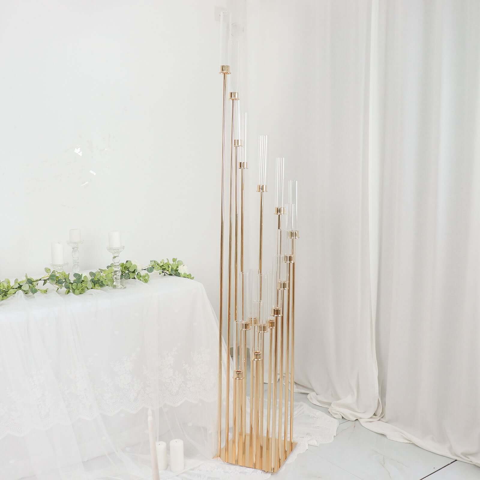 16-Arm Cluster Taper Candle Holder Gold with Clear Glass Shades - Stunning Large Candle Display for Venues 78"