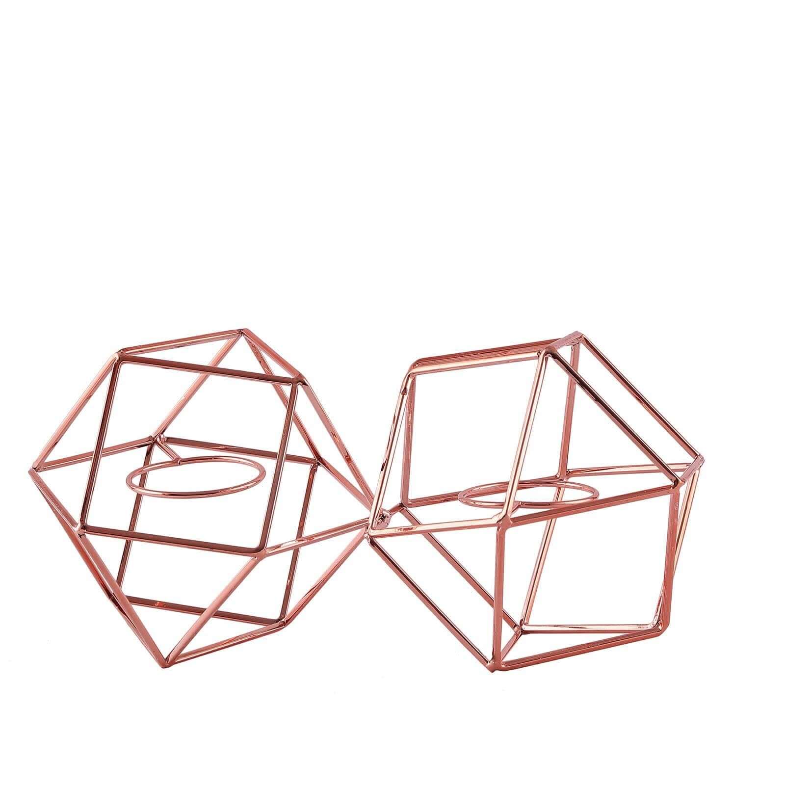 Set of Metal Candle Holders Linked Geometric Design Rose Gold - Modern Table Decor with Votive Glass for Gatherings 11"
