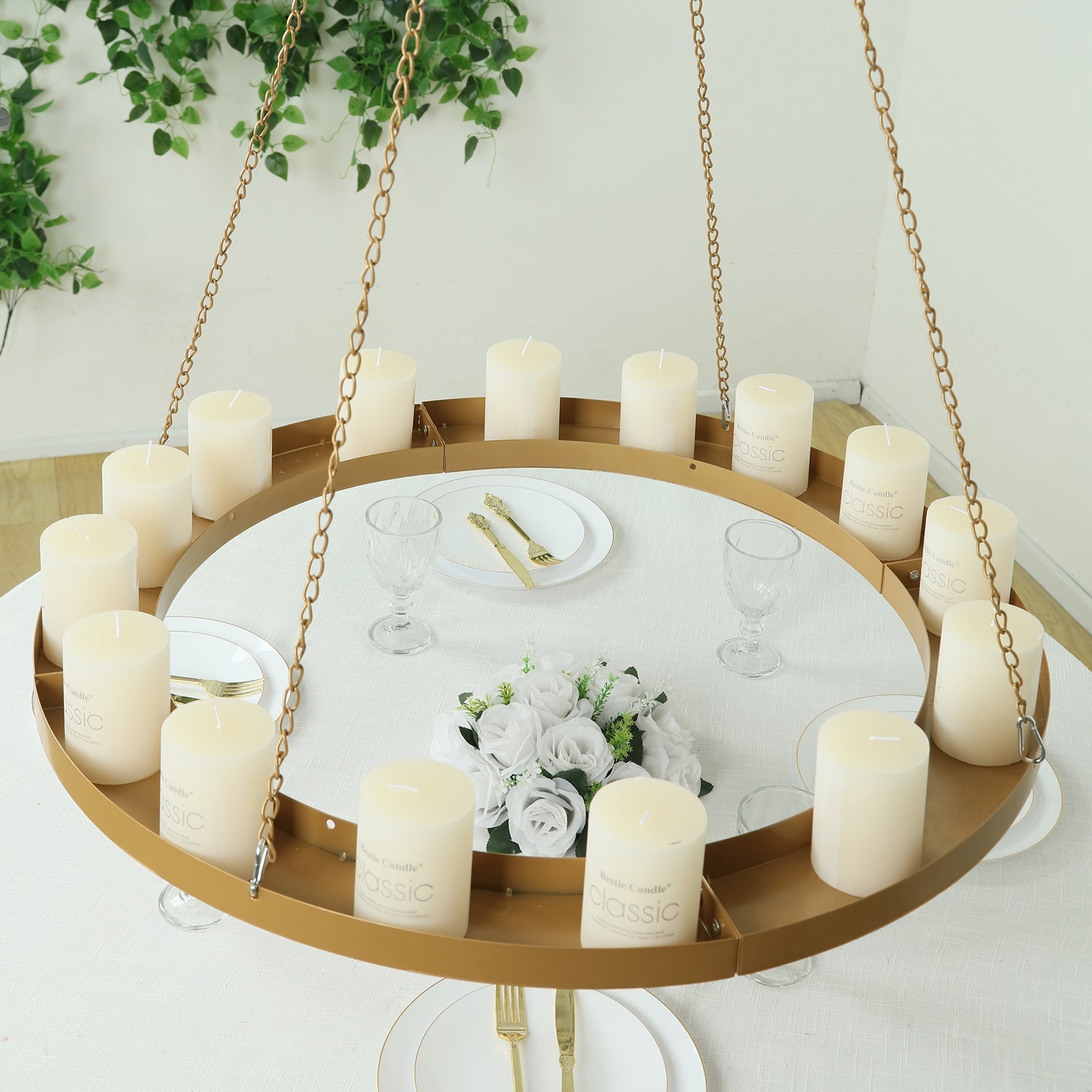 Gold Hanging Metal Floral Chandelier Frame - 32" Circular Lighting, Candle and Floral Display Base