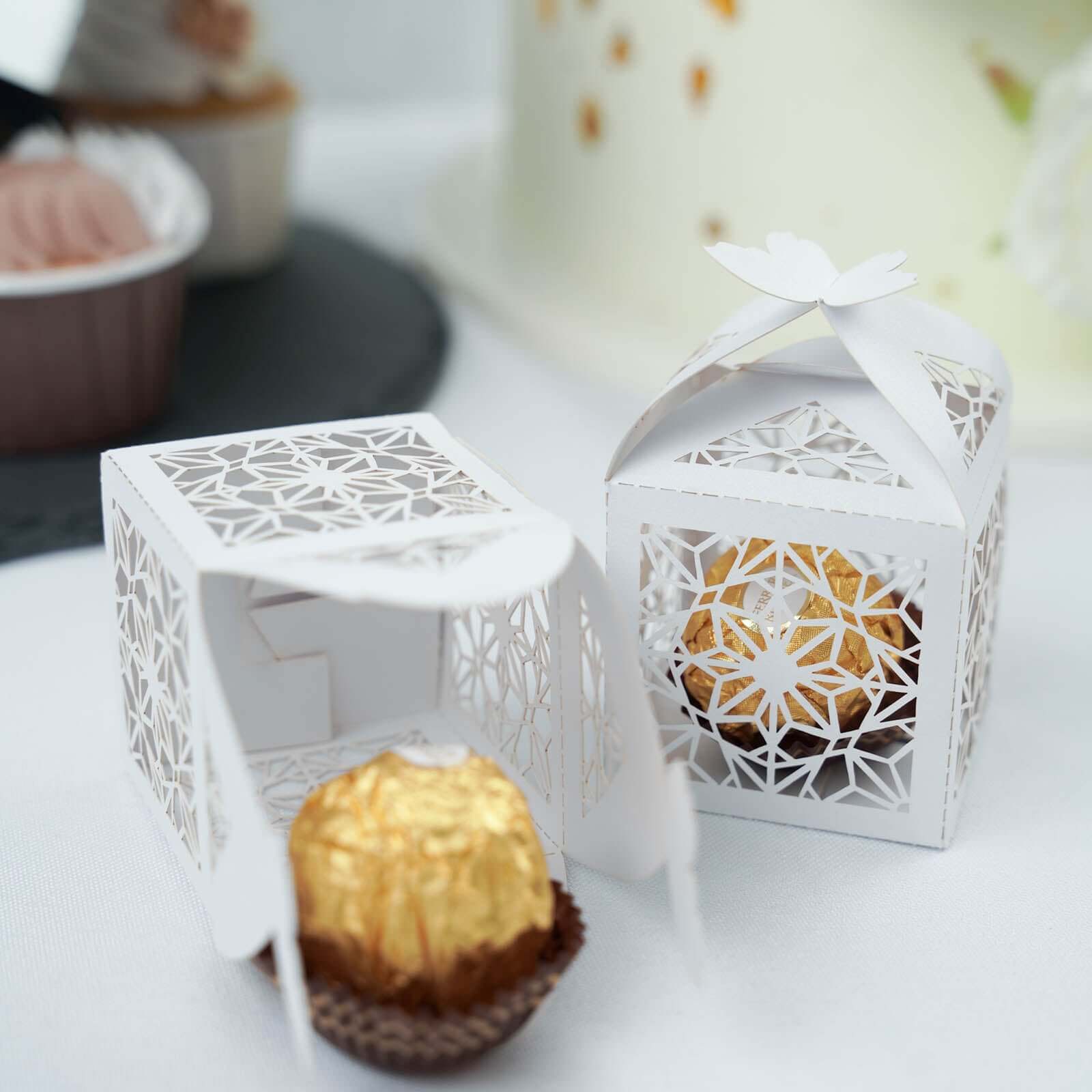 25 Pack White Butterfly Top Laser Cut Lace Favor Candy Gift Boxes