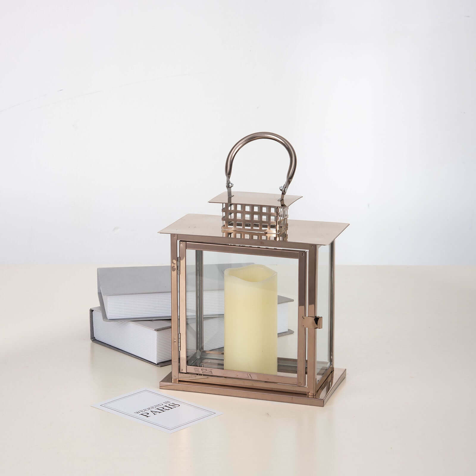 Stainless Steel Candle Lantern Cage Top Design Rose Gold - Outdoor Metal Patio Lantern Centerpiece 10"