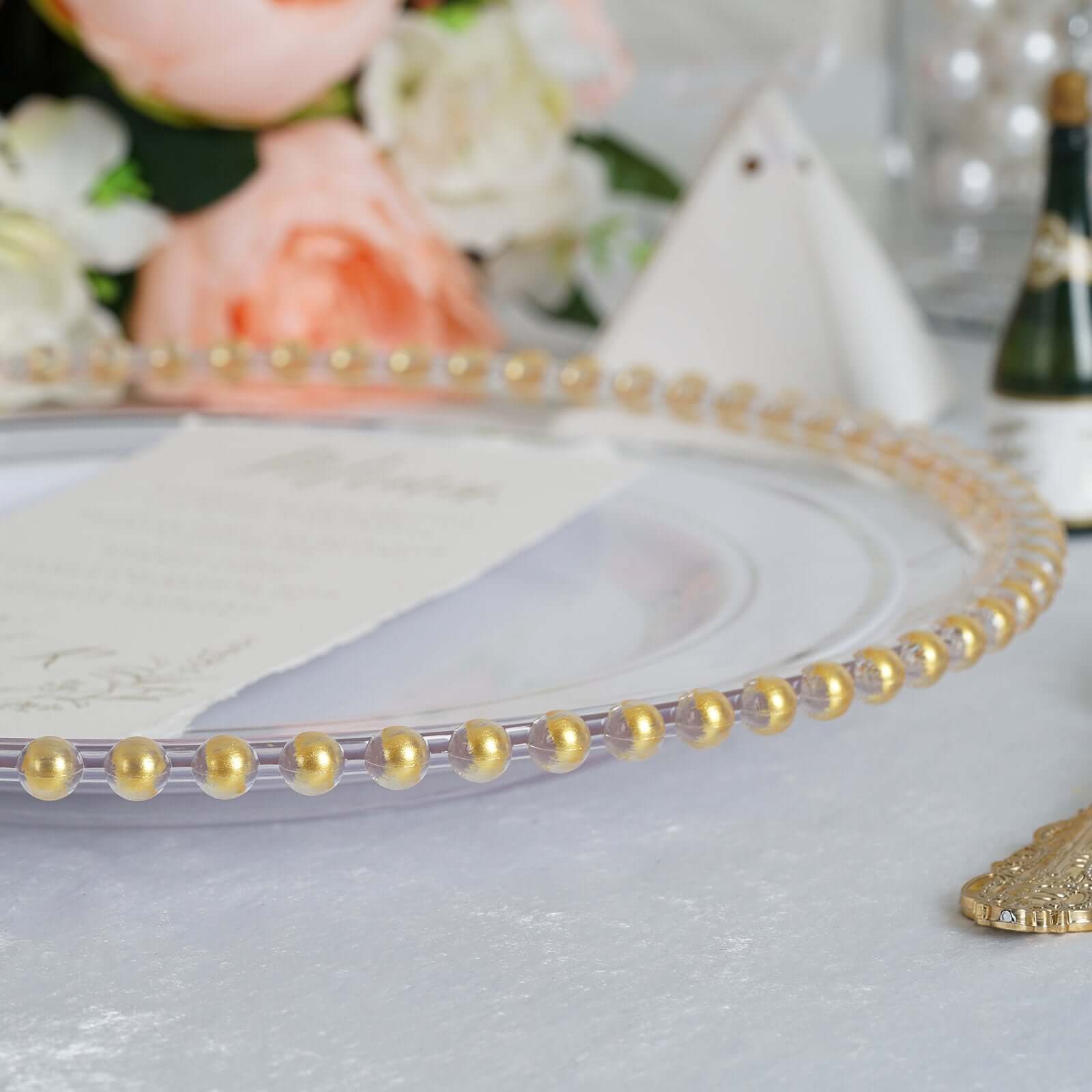 6-Pack Acrylic Round Charger Plates 13" in Clear with Gold Beaded Rim, Decorative Dinner Party Serving Plates