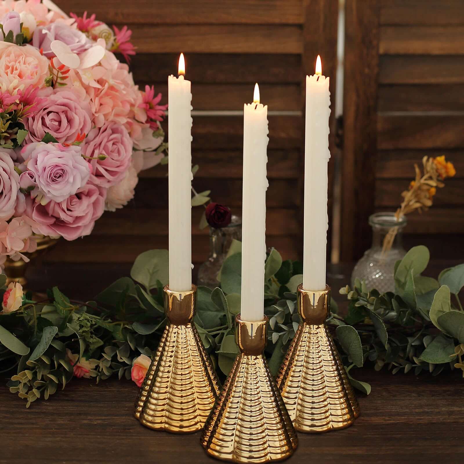 3-Pack Ceramic Taper Candle Holders Ribbed Cone Shaped Design Metallic Gold - Candlestick Stands for Decor 5"