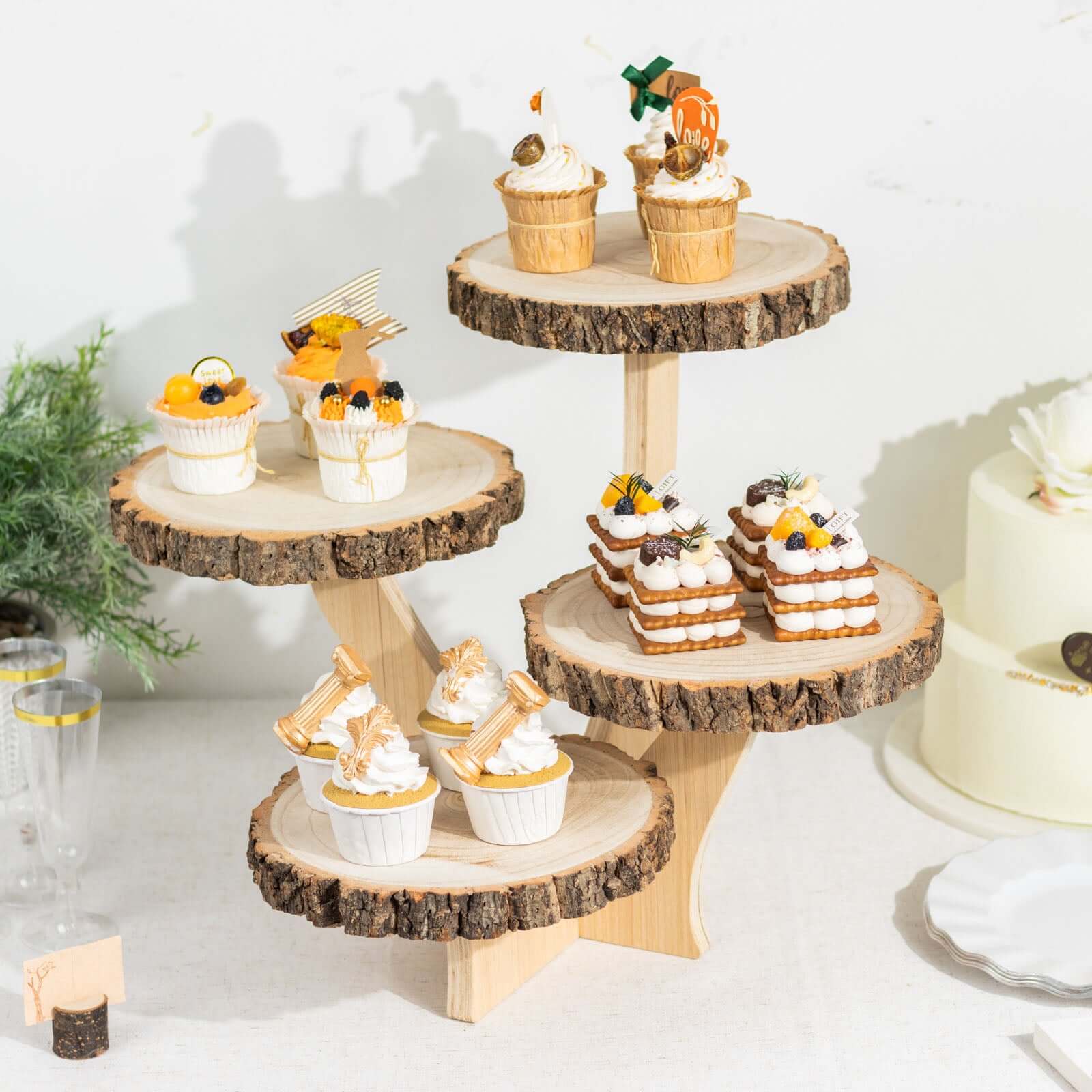 4-Tier Wooden Cupcake Stand Farmhouse Style Natural Wood Slice Design - Rustic Dessert Display Cake Holder 15" Tall