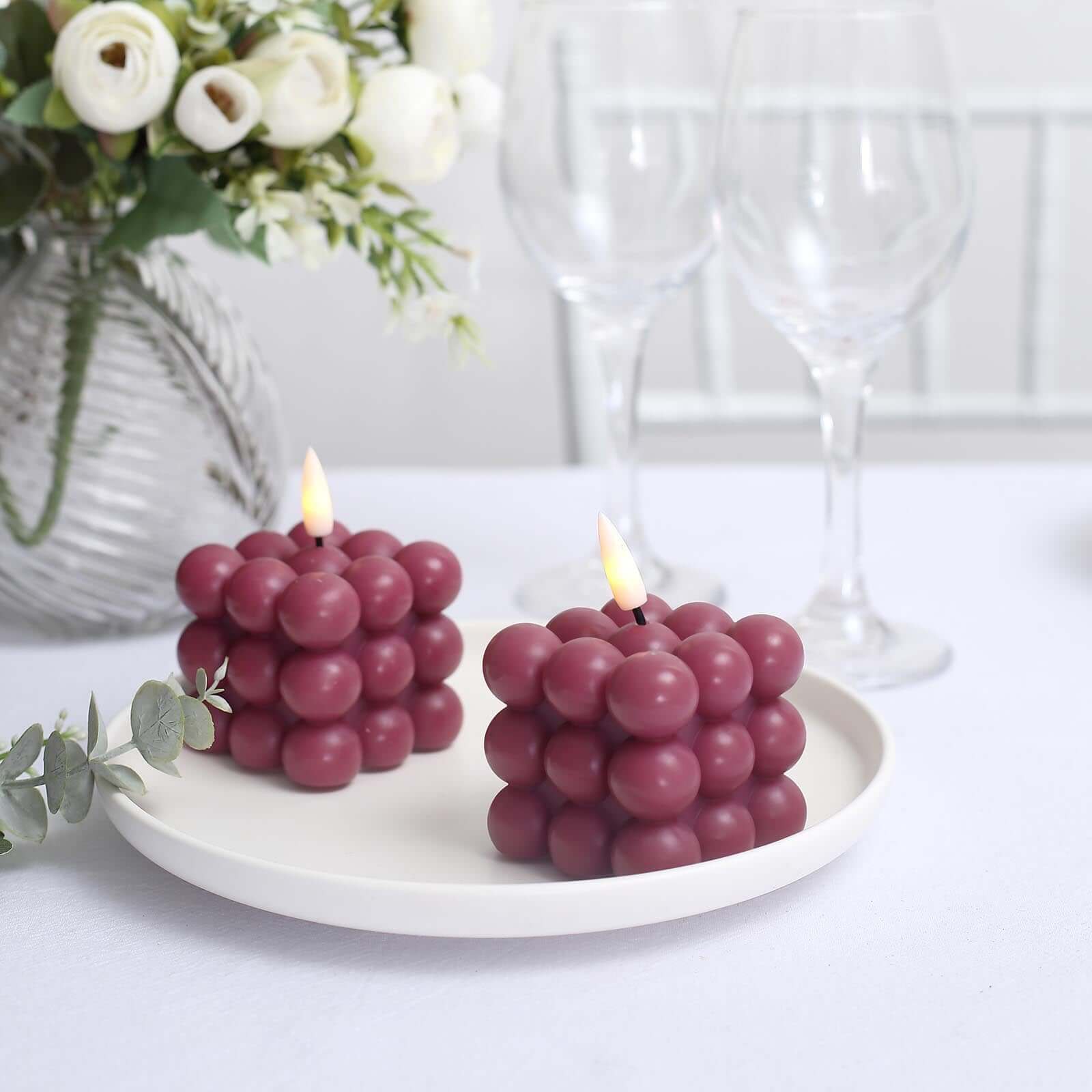 2-Pack LED Flameless Cube Candles Flickering Warm White Burgundy - Battery Operated Bubble Design 2"
