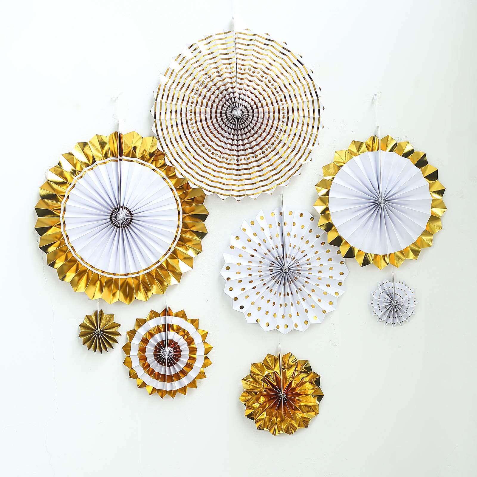 Set of 8 Gold White Hanging Paper Fan Decorations, Pinwheel Wall Backdrop Party Kit - 4", 8", 12", 16"