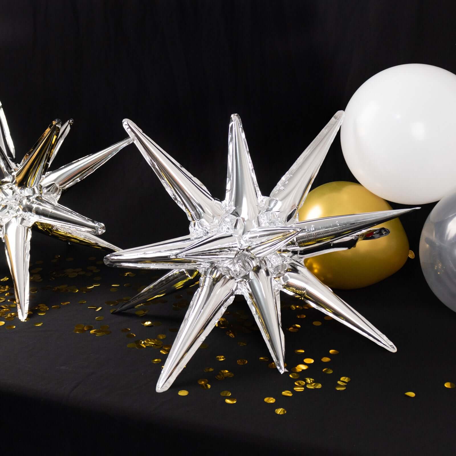 5 Pack Metallic Silver 14-Point Starburst Mylar Foil Balloons, 22" Fireworks Star Explosion Party Balloons