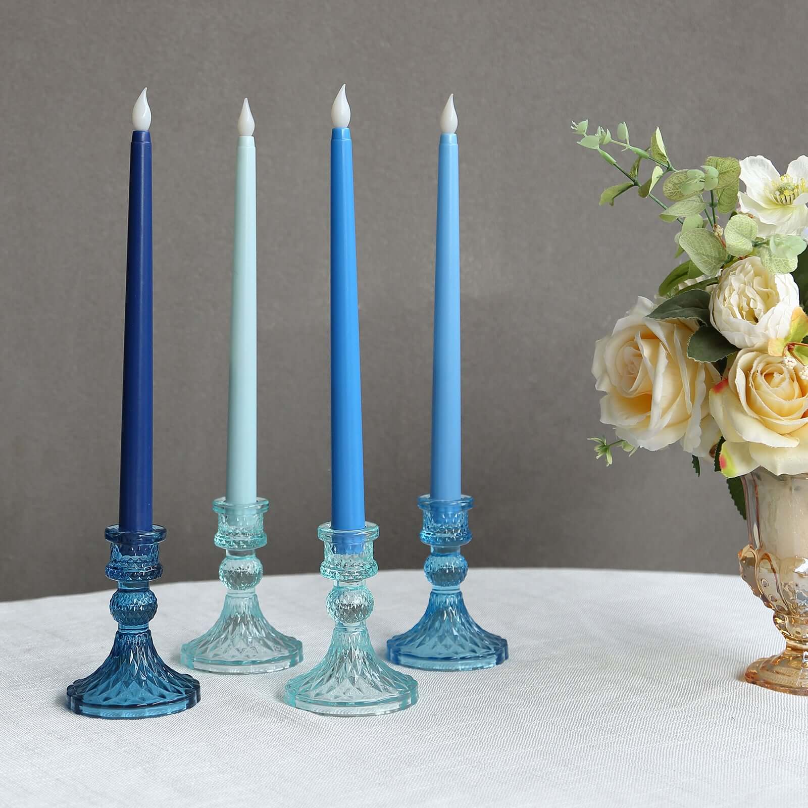 6-Pack Glass Taper Candlestick Holders Diamond Pattern Design Assorted Blue - Reversible Crystal Pillar Votive Stands 4"