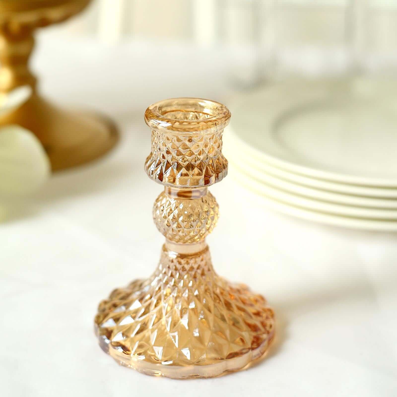 6-Pack Glass Taper Candlestick Holders Diamond Pattern Design Amber Gold - Reversible Crystal Pillar Votive Stands 4"