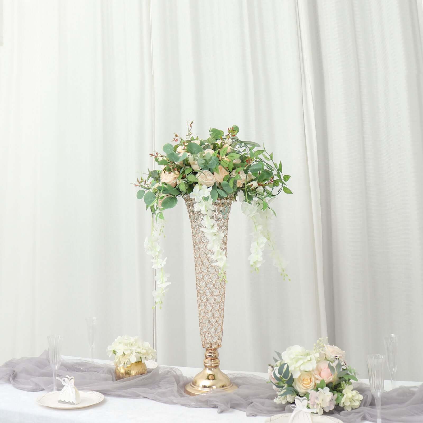 2-Pack Crystal Beaded Trumpet Vase Gold - Exquisite Floral Display Centerpiece Stand Set for Banquets & Receptions 28" Tall