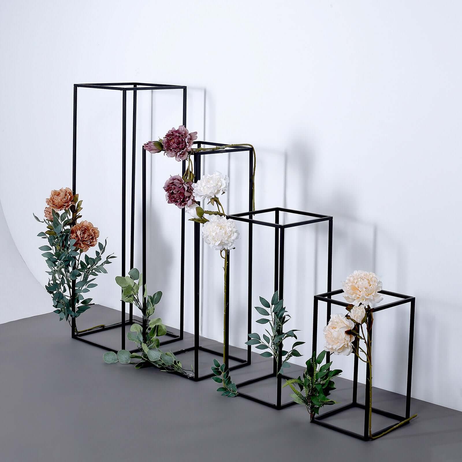 Set of 4 Metal Flower Stands Frame Wedding Column Centerpieces Matte Black - Durable Display 16"/24"/32"/40"
