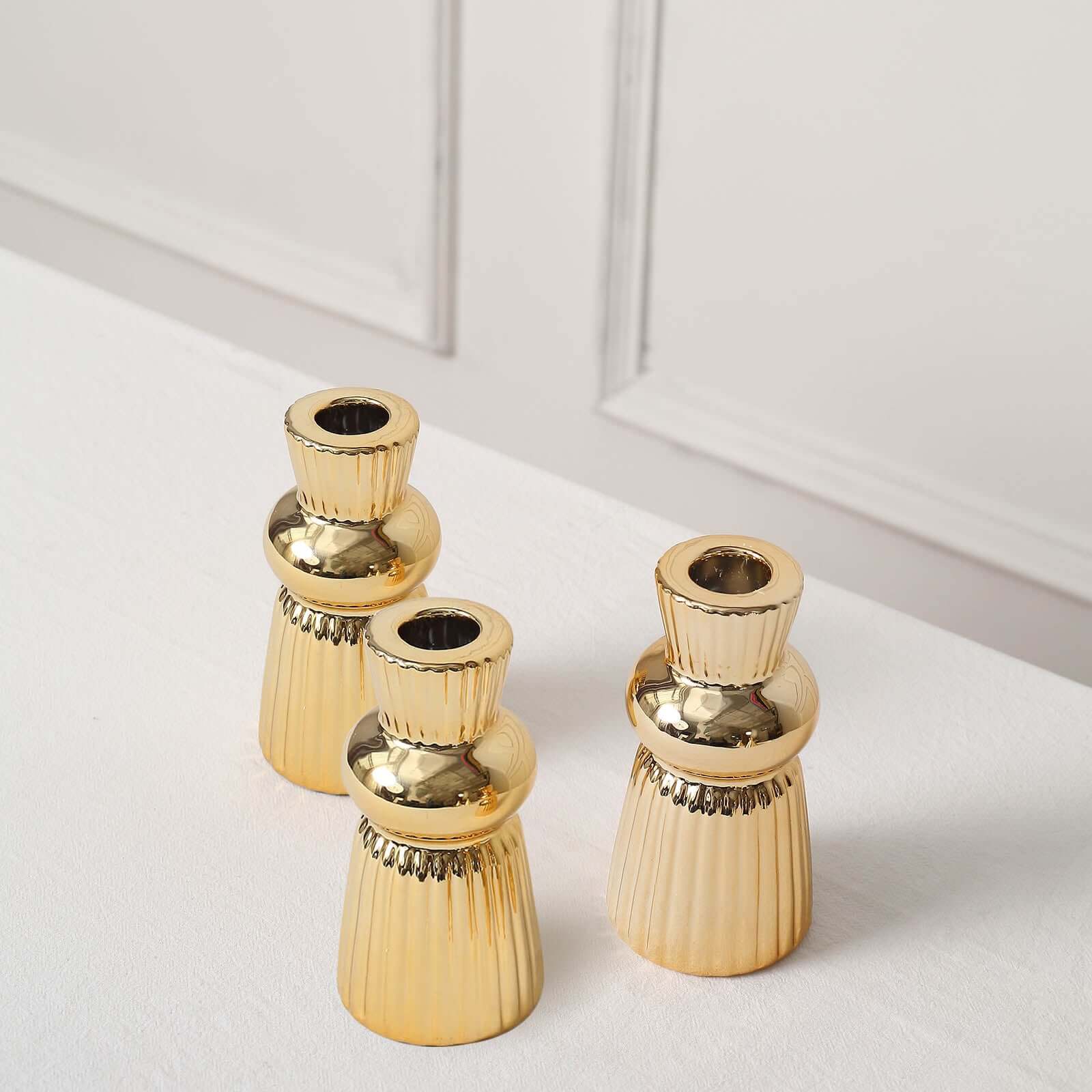 3-Pack Ceramic Taper Candle Holders Fluted Ball Neck Design Metallic Gold - Ribbed Candlestick Stands 5"