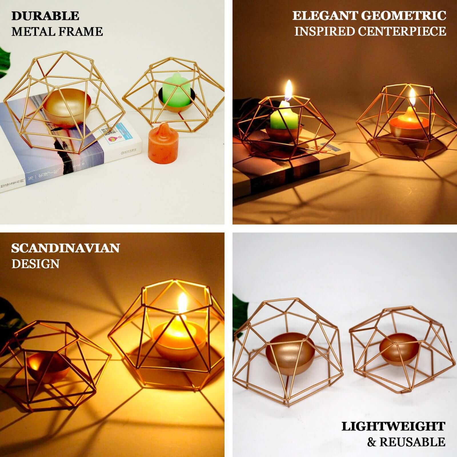 Set of 2 Candle Holders Metal Hexagon Geometric Design Rose Gold - Modern Decorative Centerpieces for Tables 4"x3"