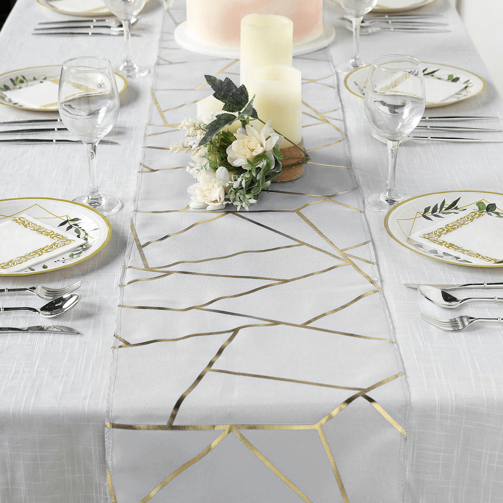 9ft Silver Gold Foil Geometric Pattern Polyester Table Runner