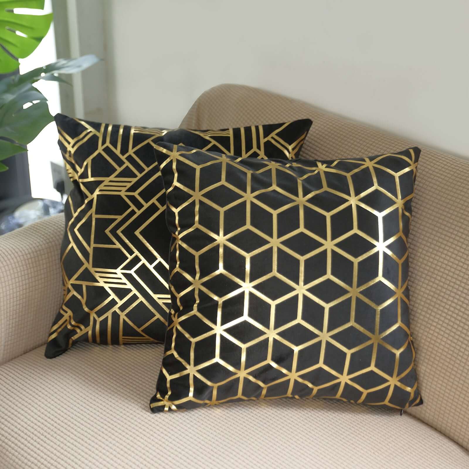 Set Of 4 18" Black Gold Foil Geometric Print Throw Pillow Covers, Velvet Square Sofa Cushion Covers