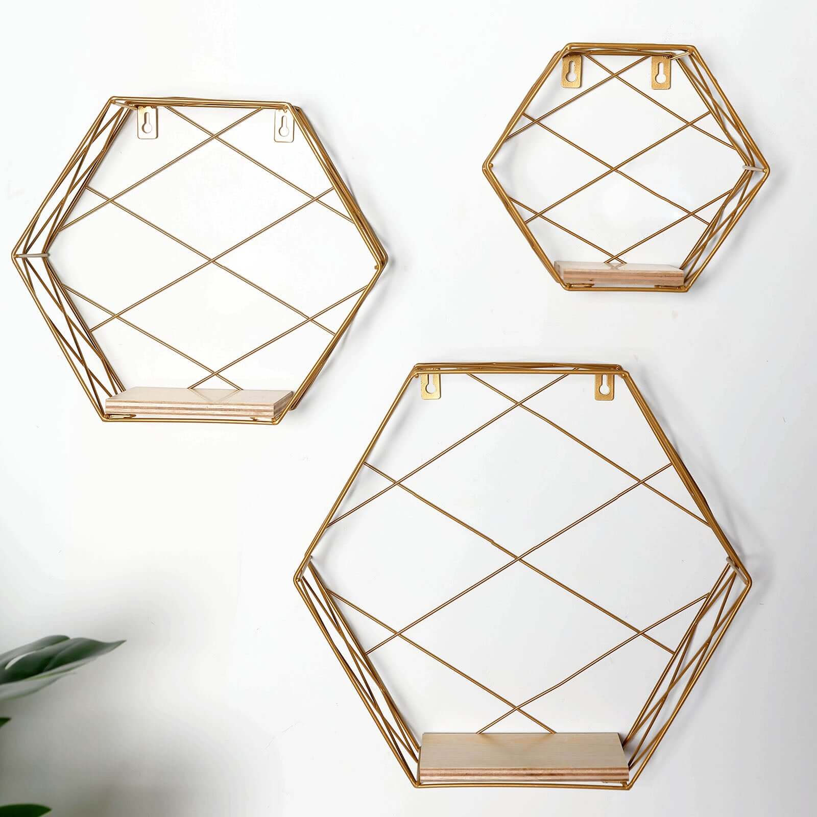 3 Pack Gold Hexagonal Floating Wall Shelves, Decorative Geometric Wall Mounted Shelves - 9",12",14"