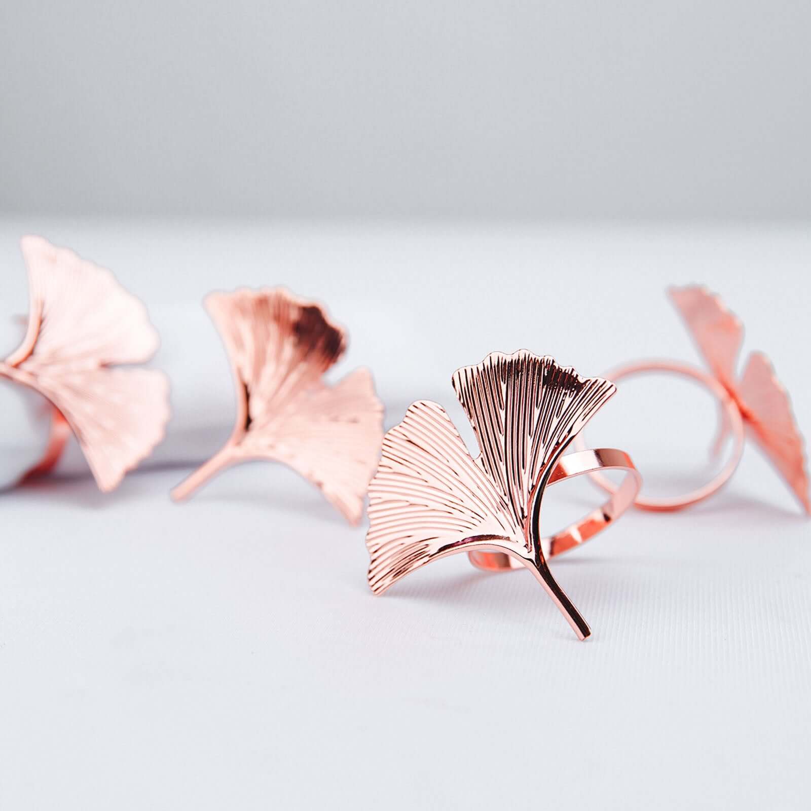 4 Pack Metallic Rose Gold Ginkgo Leaf Napkin Rings, Ornate Design Linen Napkin Holders