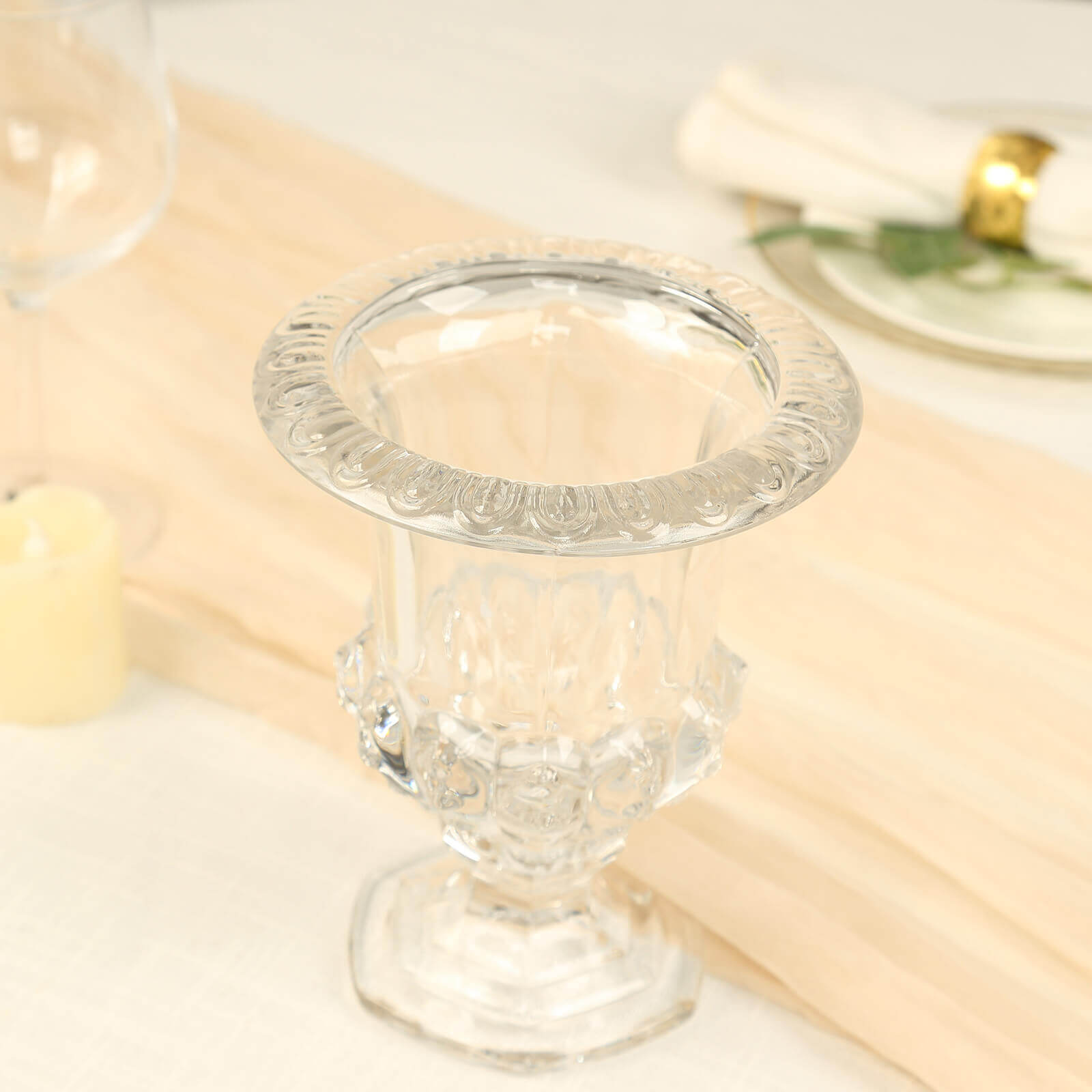 2-Pack Glass Mini Pedestal Flower Vases in Classic Roman Urn Style Clear - Sophisticated Wedding Table Centerpieces 8"