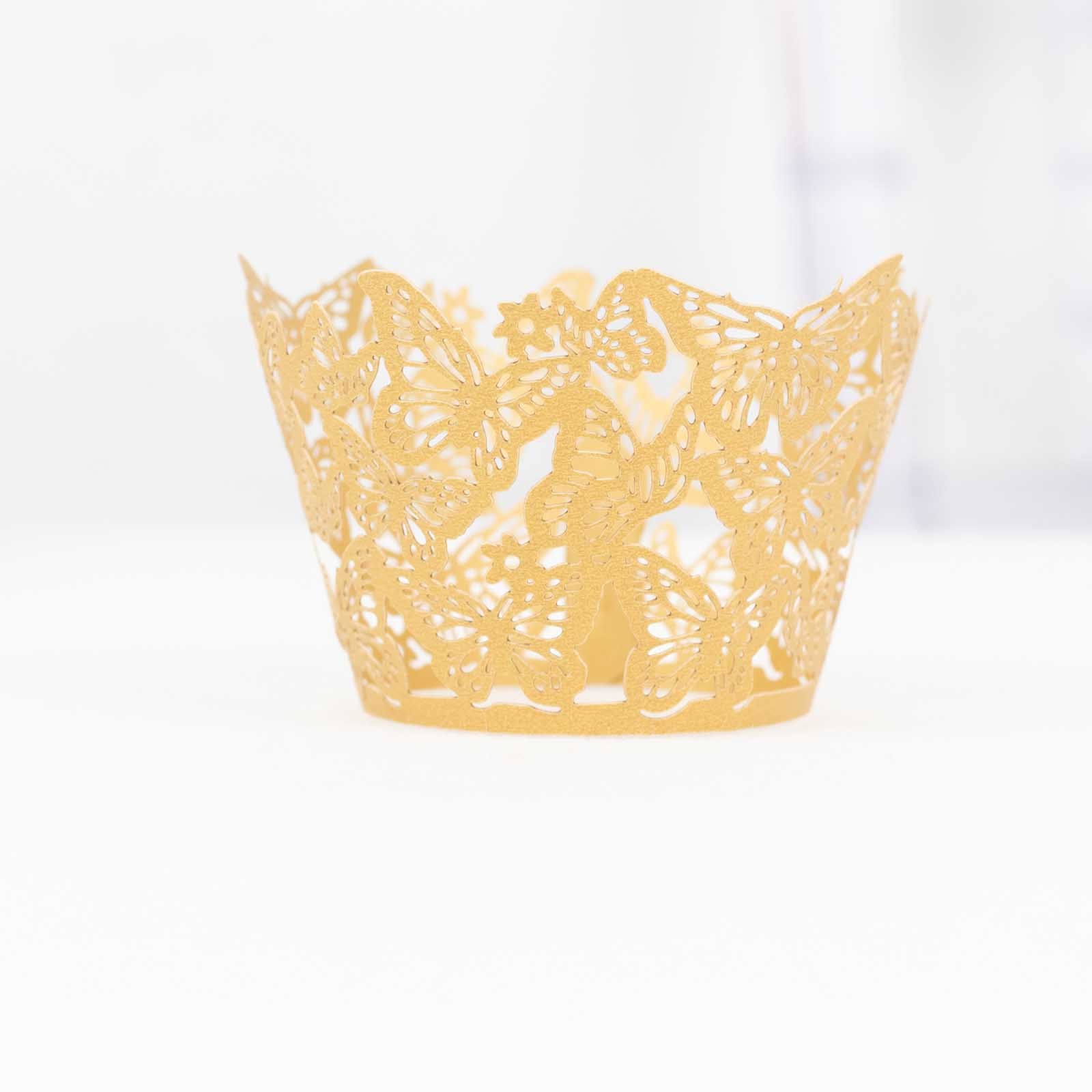 25-Pack Paper Cupcake Liners Butterfly Lace Pattern Design Gold - Round Muffin Wrapper Cups 3"