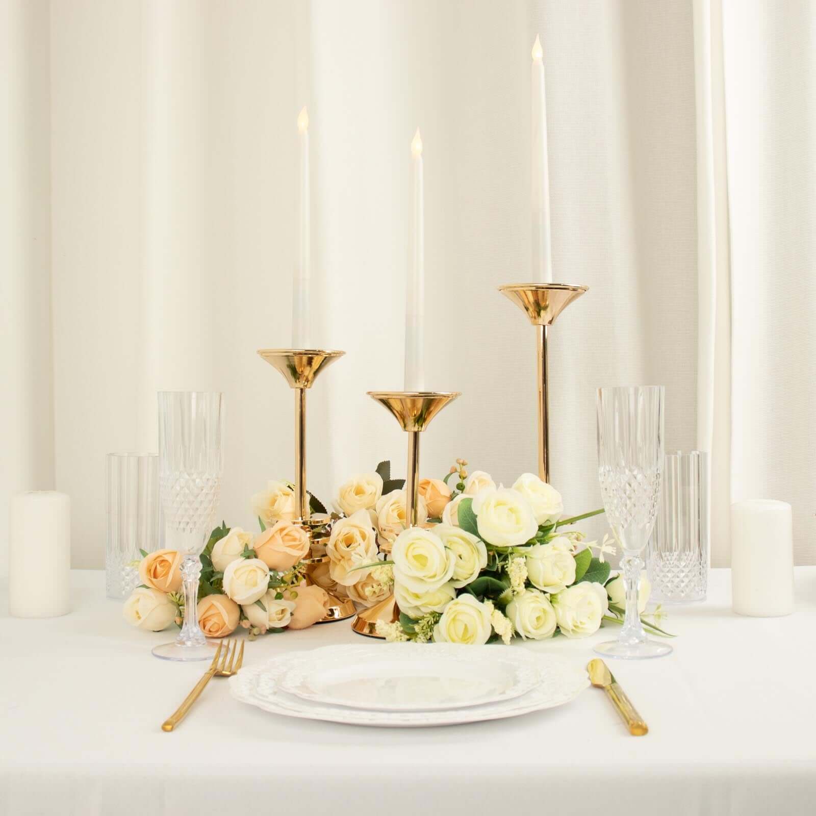 Set of 3 Taper Candlestick Holders Gold Metal with 3 Disk Pedestal Design - Decorative Centerpieces 9", 11", 13"