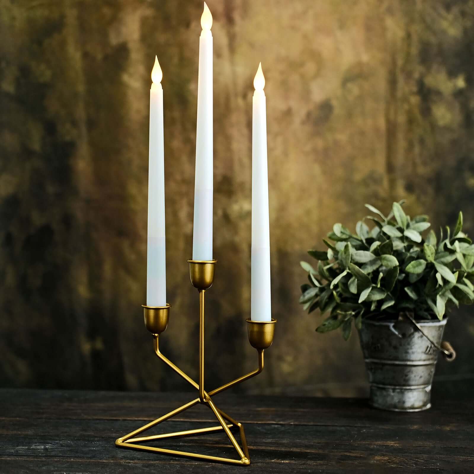 2-Pack Triangle Base Geometric Taper Candelabra 3 Arm Candle Holder Design Gold Metal - Decorative Centerpiece 7"