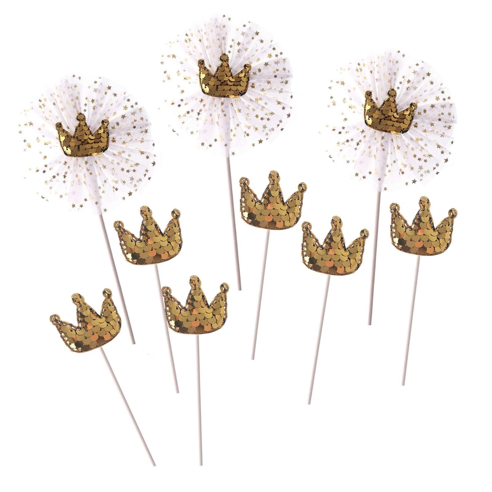 9-Pack Sequin Crown and Tutu Cupcake Cake Toppers Gold - Shimmering Princess Inspired Cake Inserts DIY Party Decoration Supplies