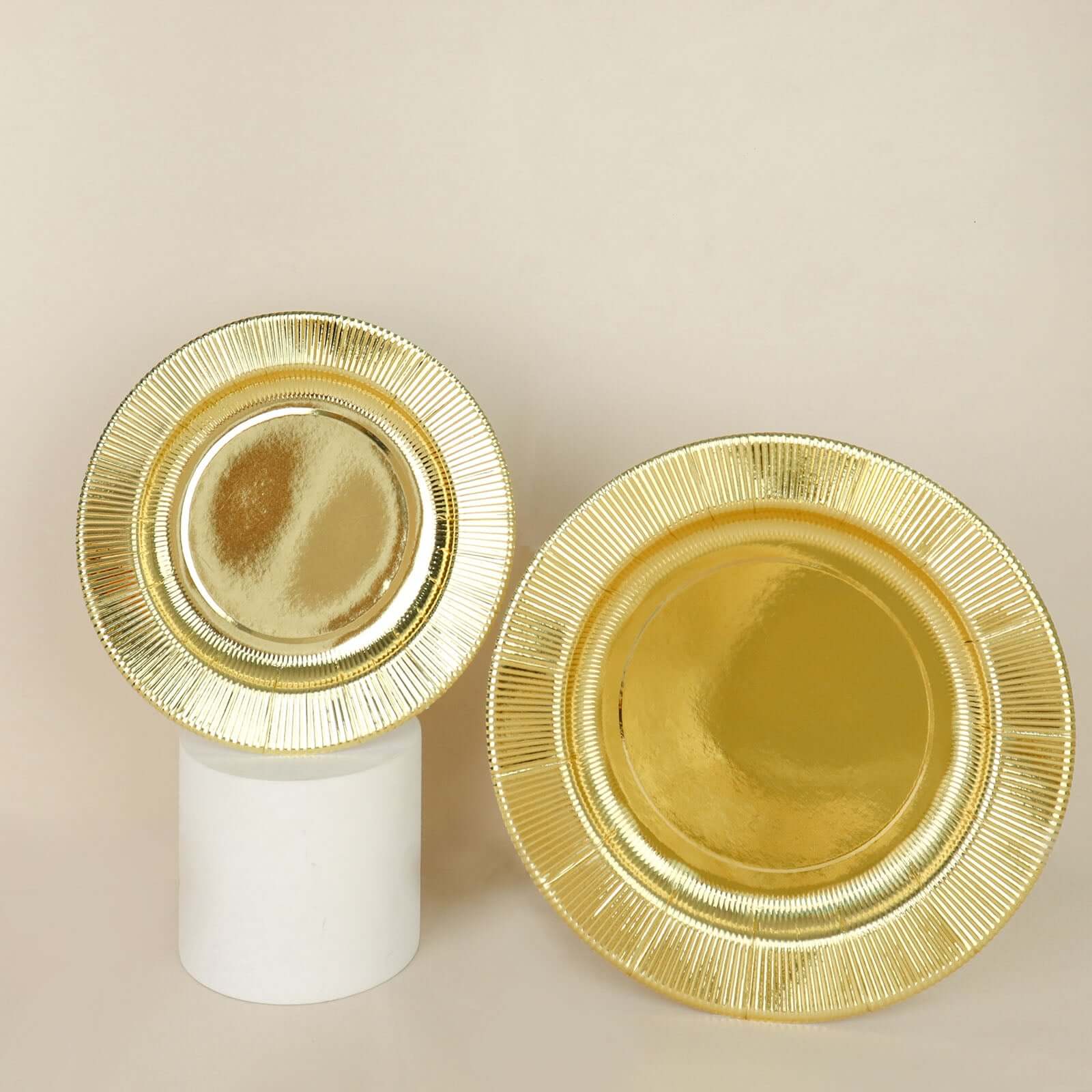 25-Pack Paper 8" Round Dessert Plates in Metallic Gold Sunray Design - Disposable Heavy Duty 350GSM Appetizer Salad Plates