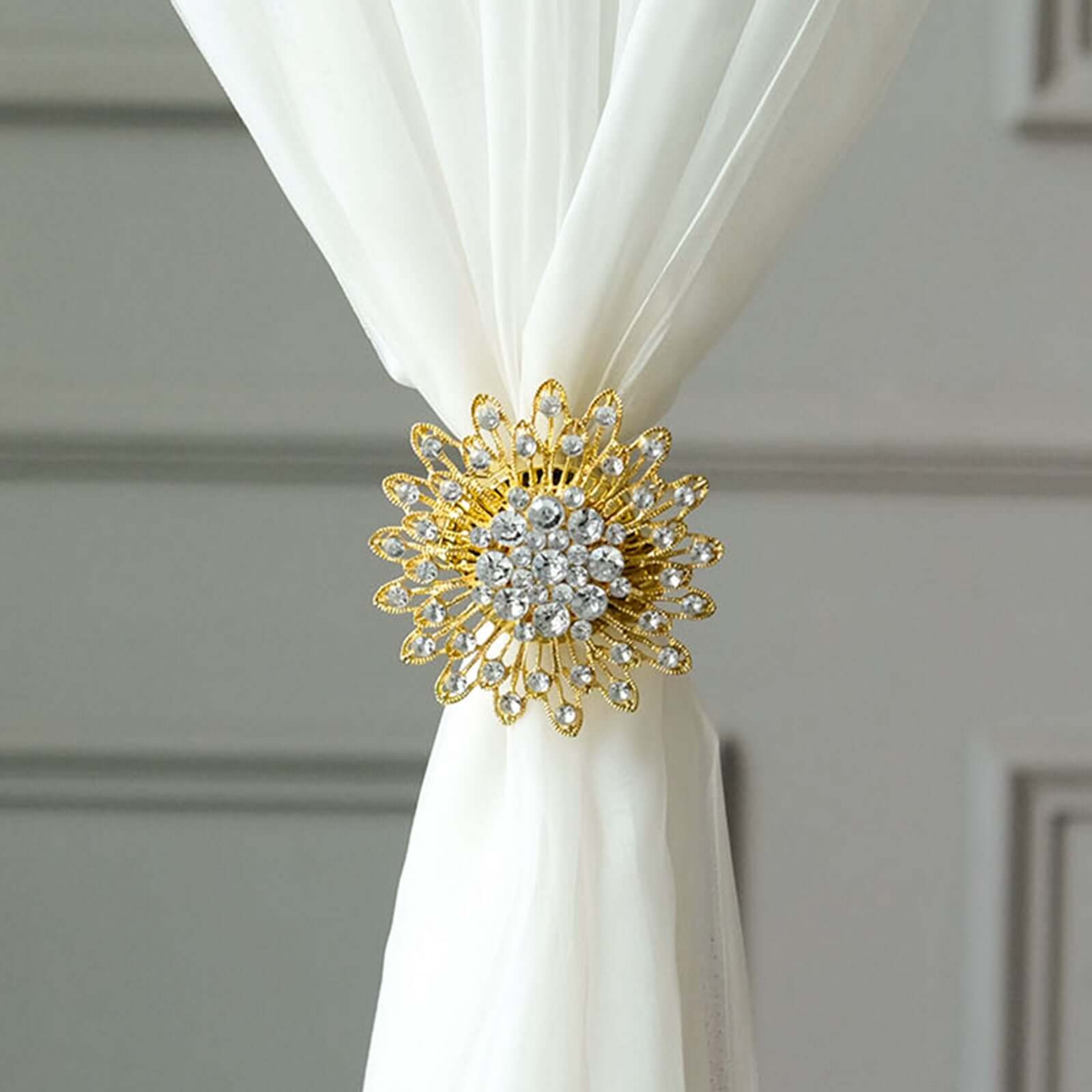 2 Pack 4" Gold Crystal Flower Magnetic Curtain Tie Backs, Backdrop Drapery Panel Buckle Clips