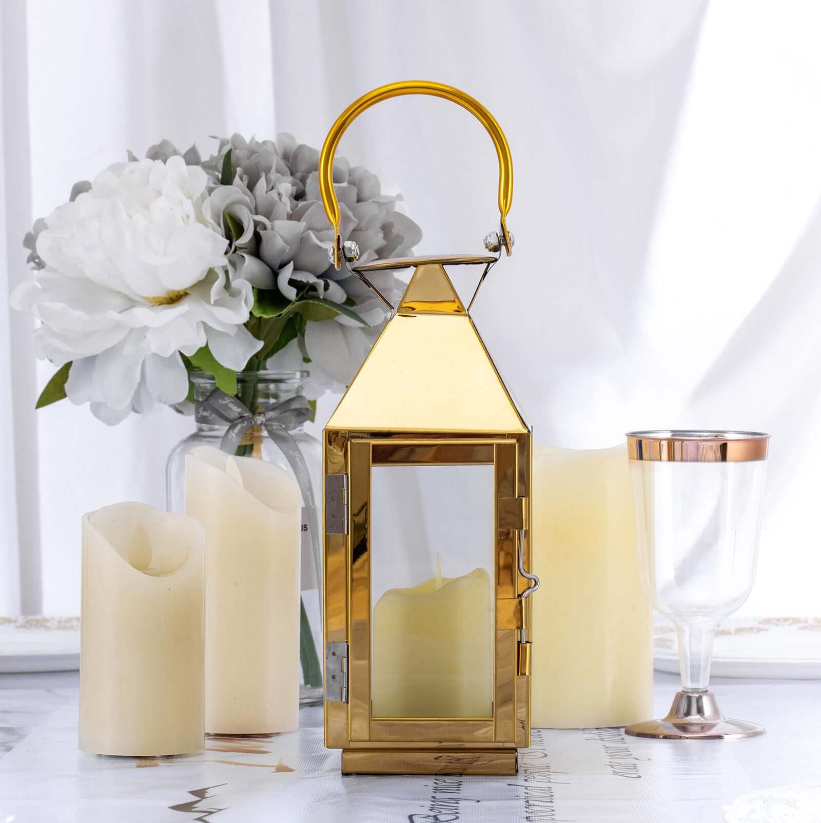 Stainless Steel Candle Lantern Crown Top Design Gold - Outdoor Metal Patio Lantern Centerpiece 8"