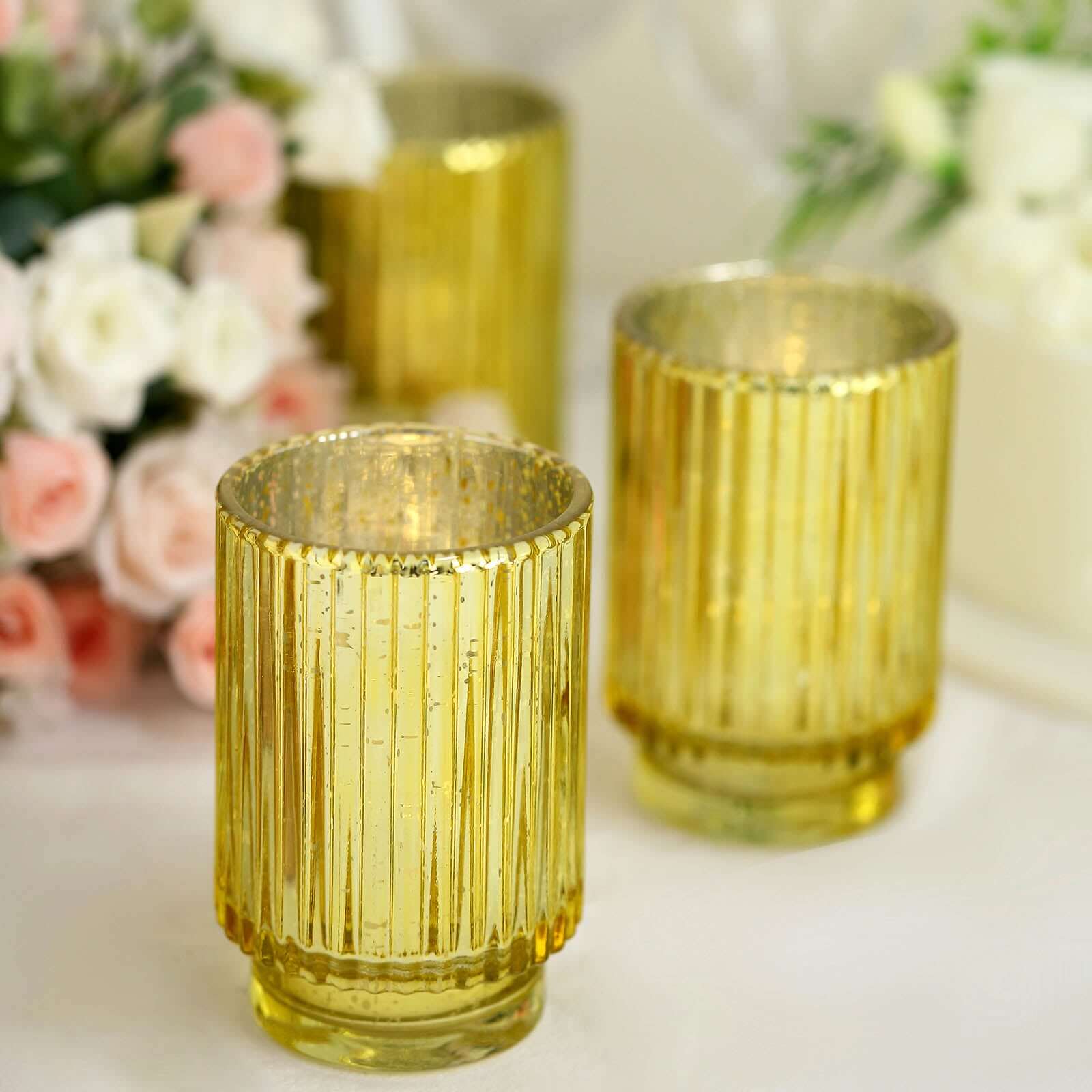3-Pack Mercury Glass Hurricane Candle Holders Gold Wavy Column Design - Votive Pillar Vase 5"