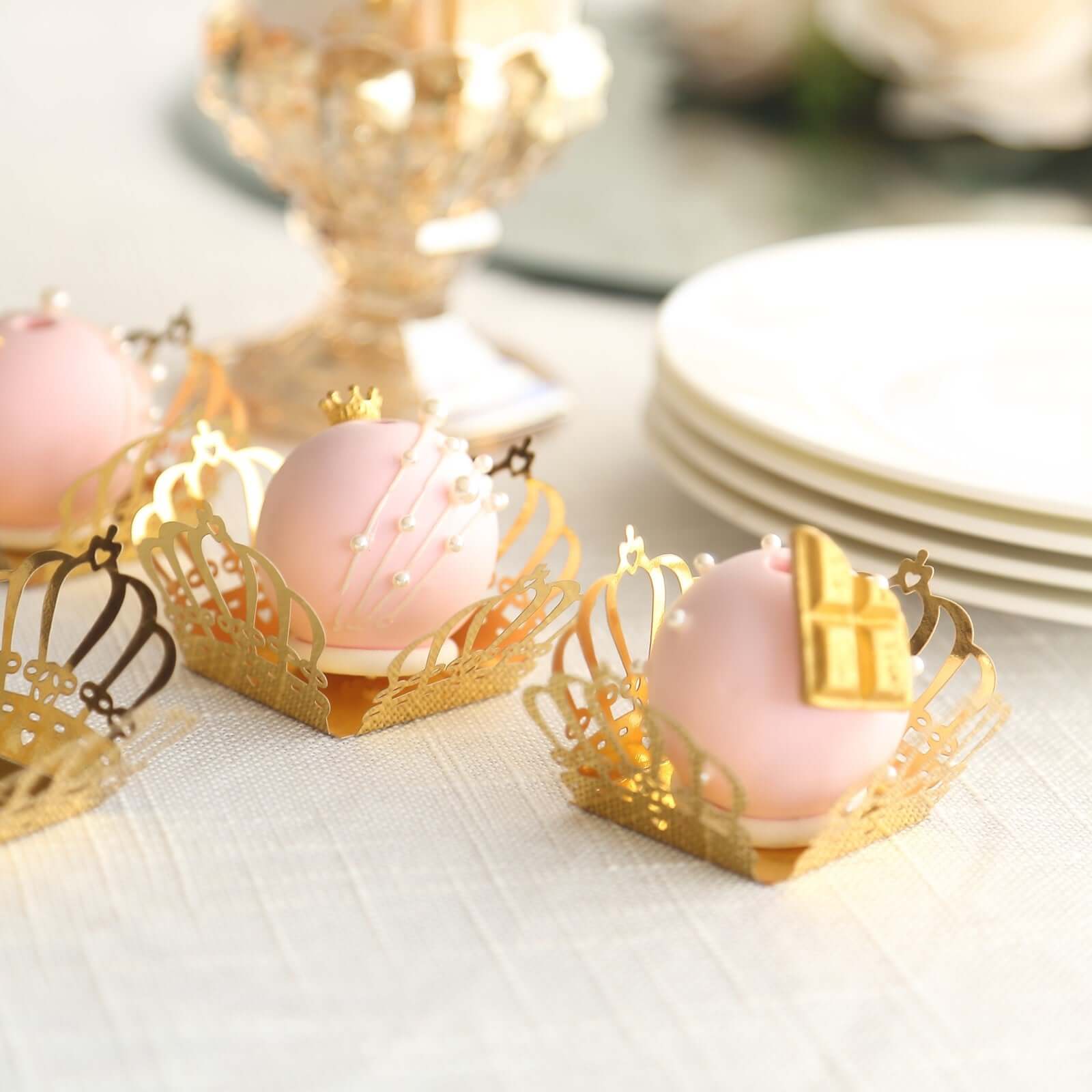 50-Pack Mini Paper Truffle Cup Liners Crown Square Design Metallic Gold - 225GSM Cupcake Tray Wrappers 4"