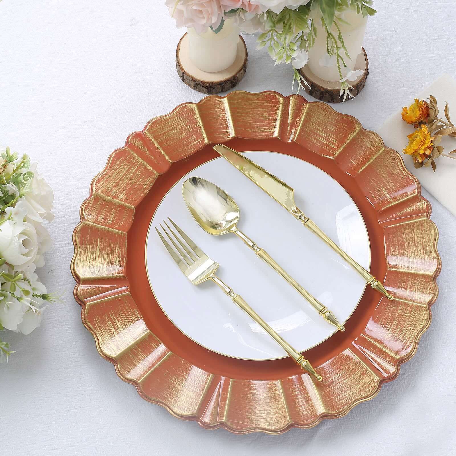 6-Pack Acrylic Plastic Round Charger Plates 13" in Terracotta (Rust) with Gold Brushed Wavy Scalloped Rim, Decorative Dinner Party Charger Tableware
