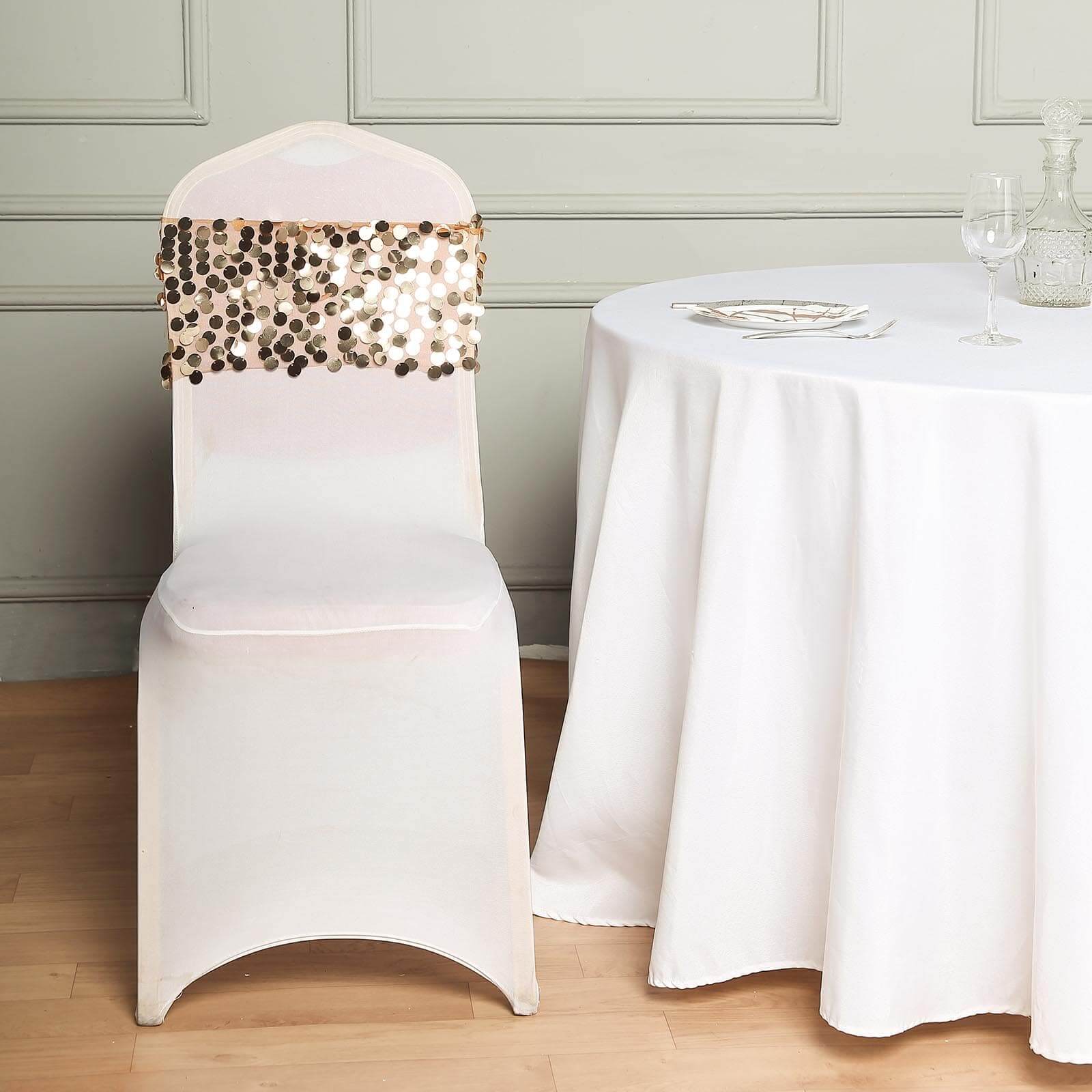 5 Pack Big Payette Sequin 13"x10" Chair Sash Bands Gold - Stylish Glittering Decor for Weddings & Gatherings