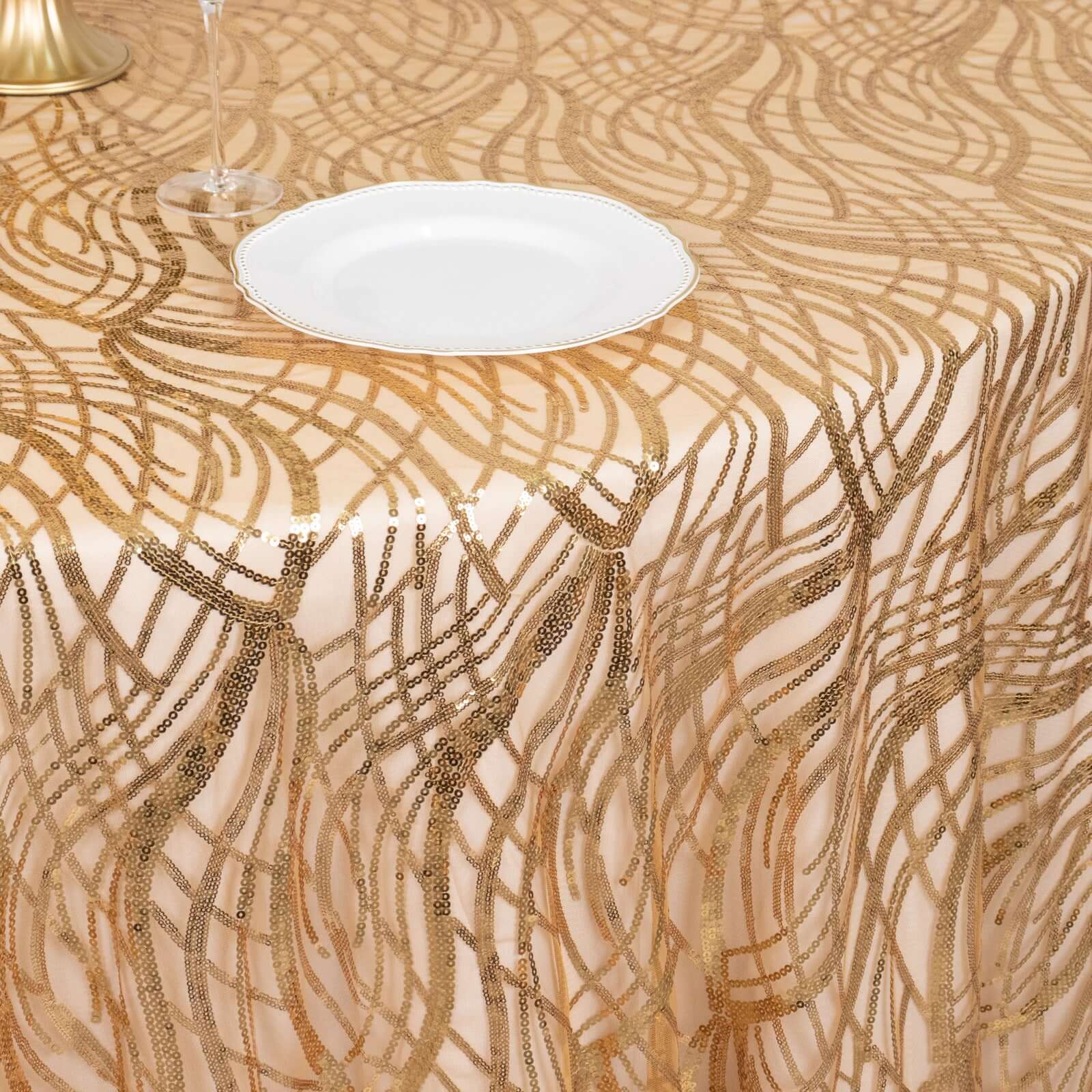 Sequin Mesh 120" Round Tablecloth Gold - Seamless Wave Embroidered Design for Stylish Events