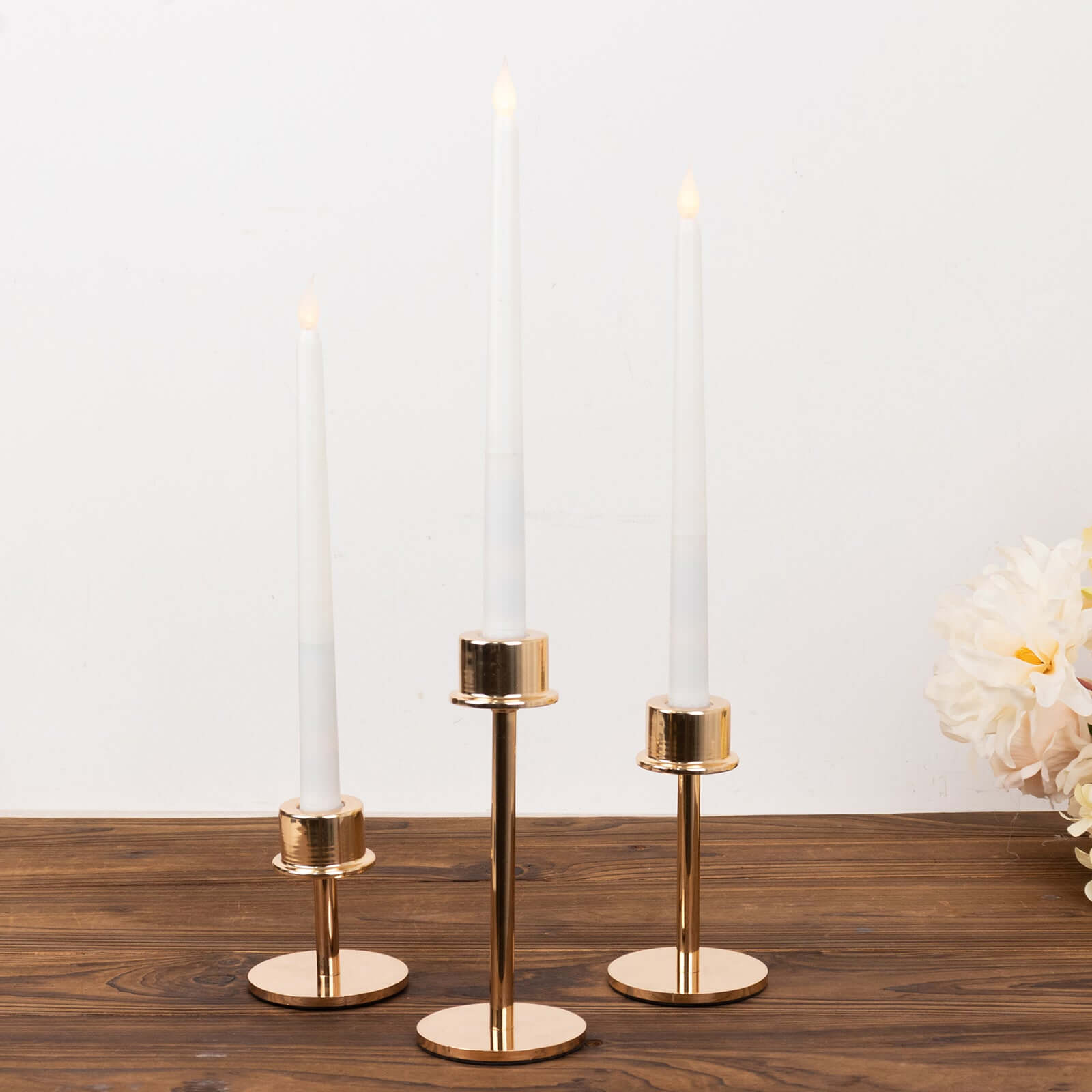 Set of 3 Metal Taper Candlestick Holders Gold with Round Base - Hurricane Candle Stands 3.5", 5.5", 8"