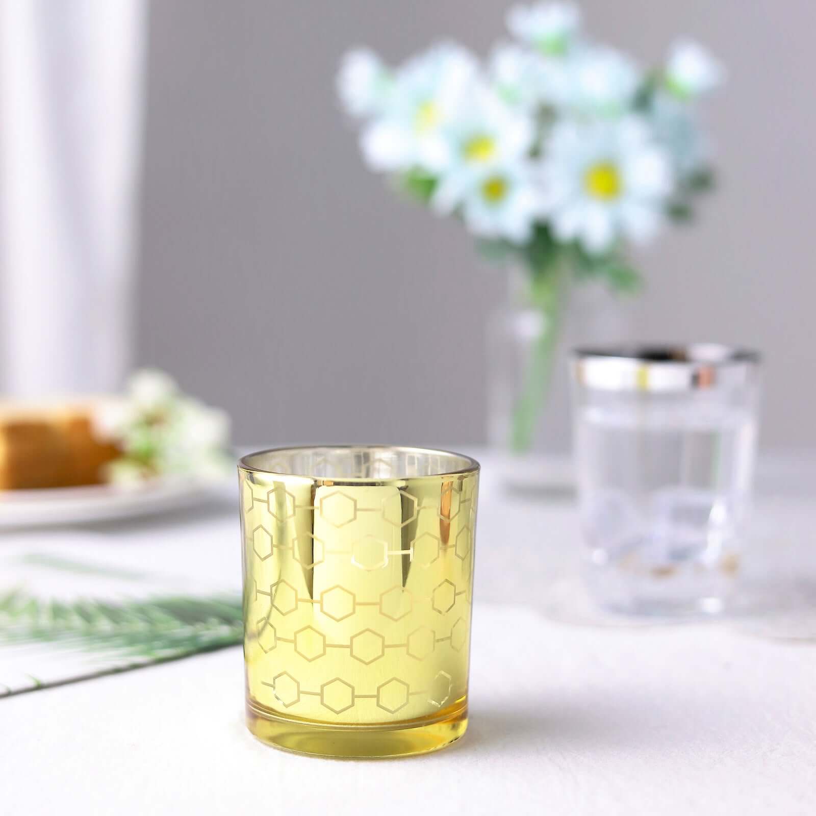 6-Pack Mercury Glass Candle Holders Gold with Honeycomb Design - Votive Candle Containers 3"