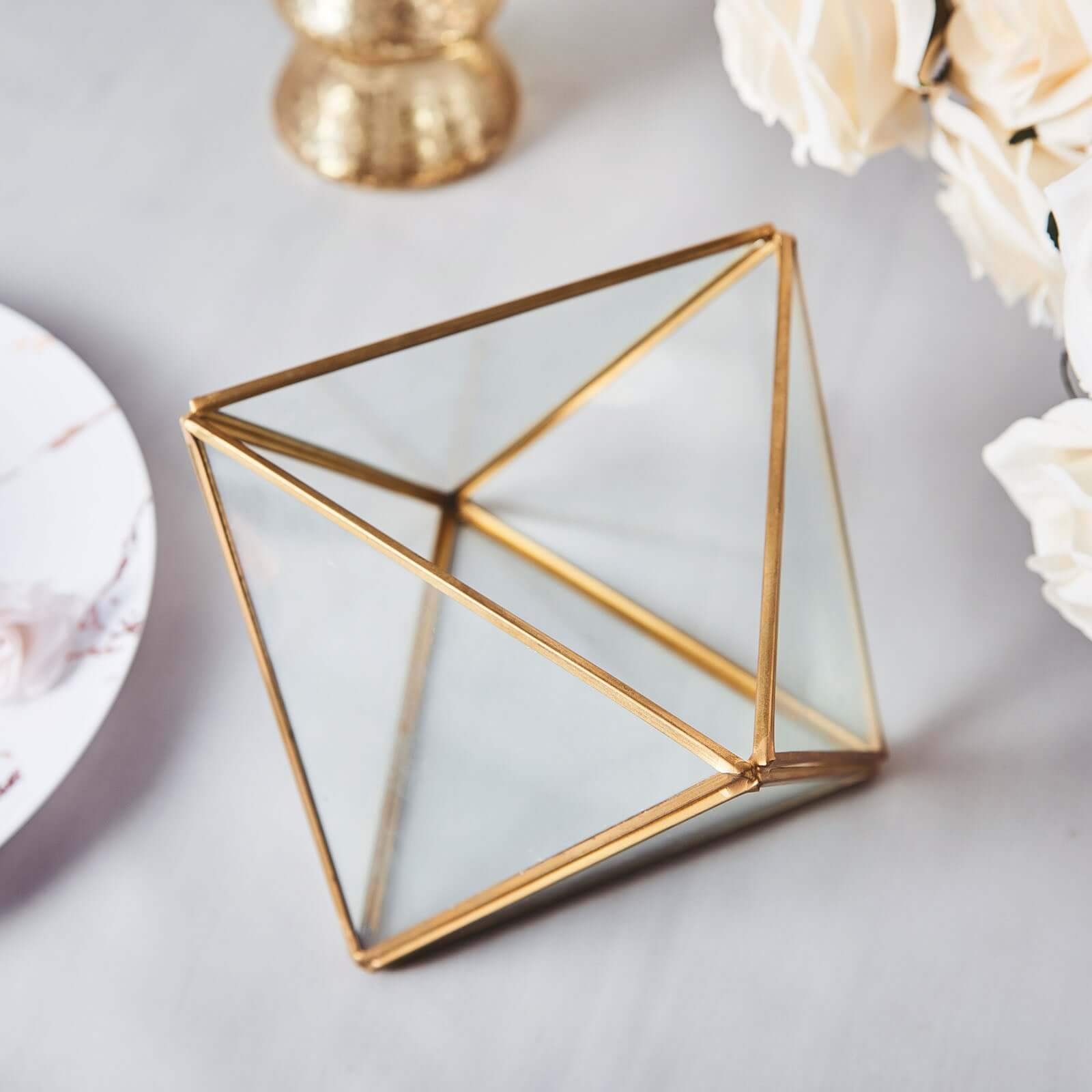 Glass Terrarium Hanging Diamond Prism Design Metal Gold - Geometric Holder for Air Plants & Displays 9"