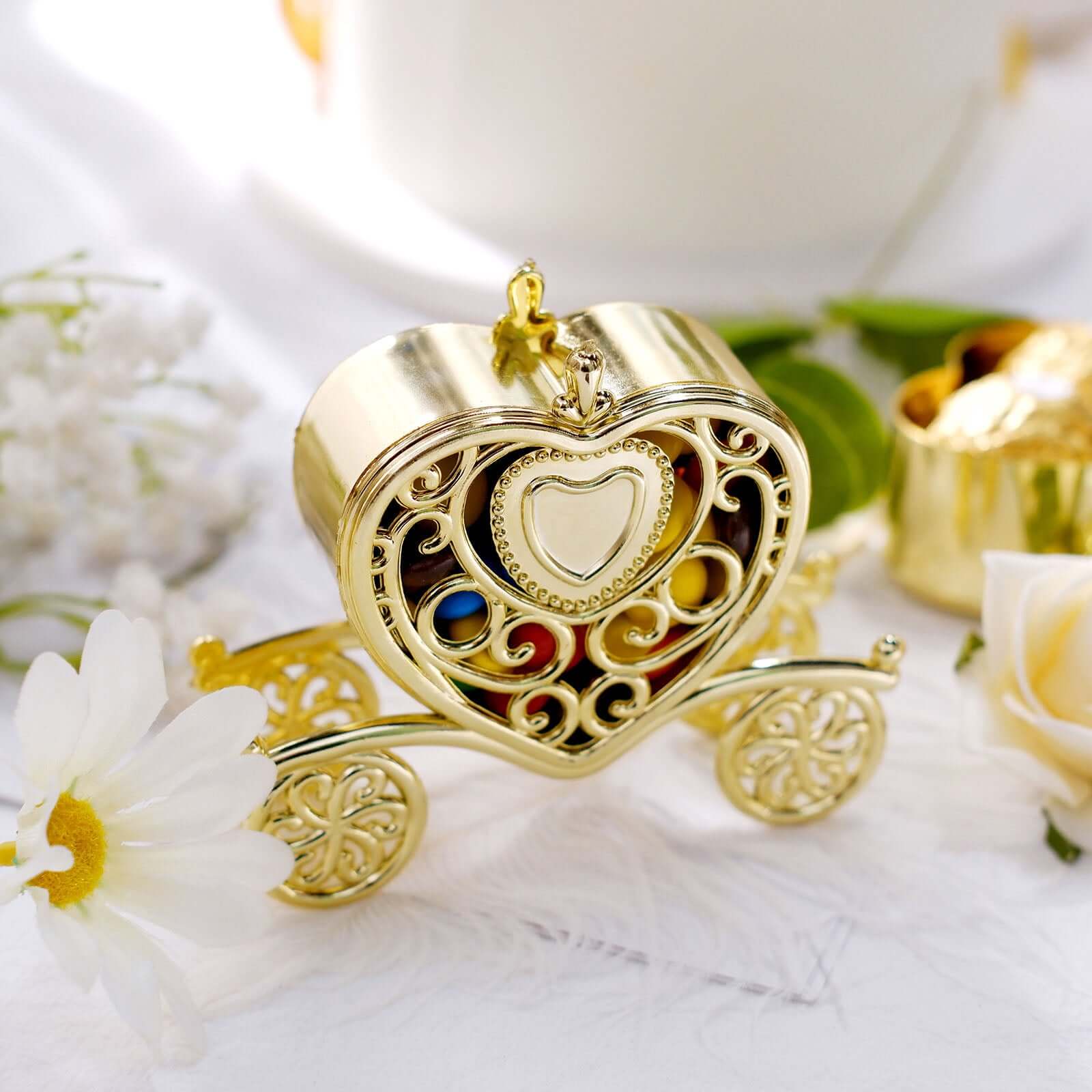 12 Pack 4" Gold Princess Heart Carriage Treats Party Favor Boxes, Candy Container Gift Boxes