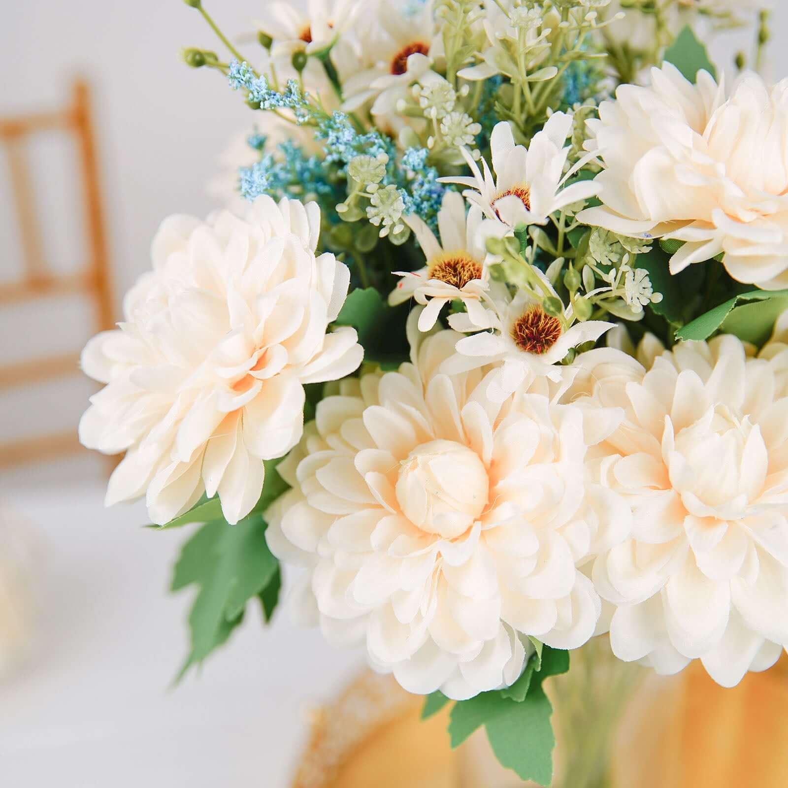 2 Bushes Ivory Blue Artificial Silk Dahlia Flower Bouquet Spray