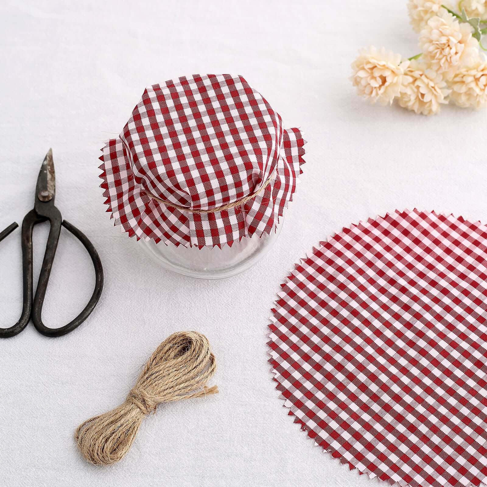6 Pack 6" Red White Gingham Mason Jar Cloth Lid Covers, Checkered Jam Jar Covers with Jute String