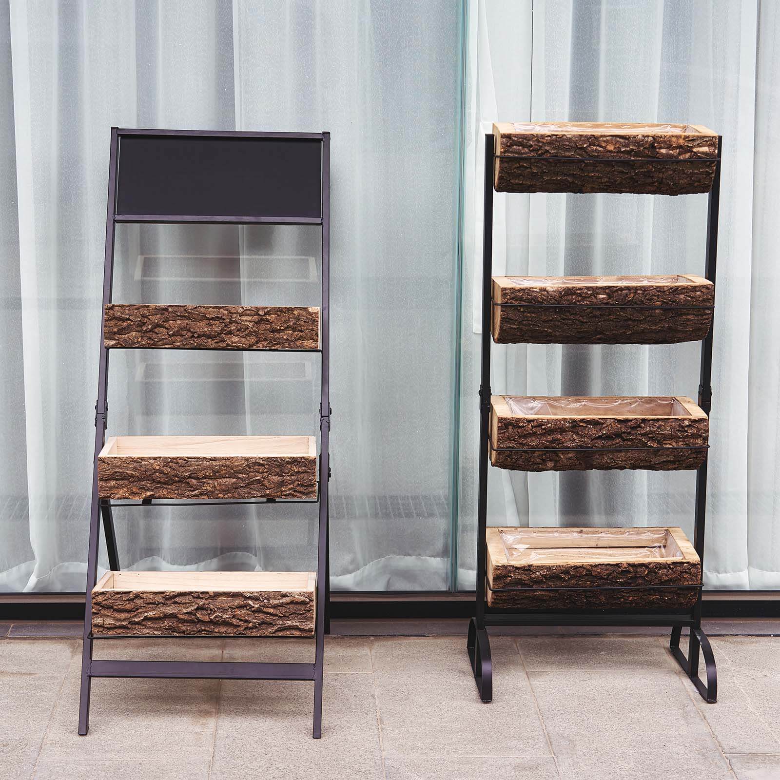 42" 4-Tier Metal Ladder Plant Stand With Natural Wooden Log Planters