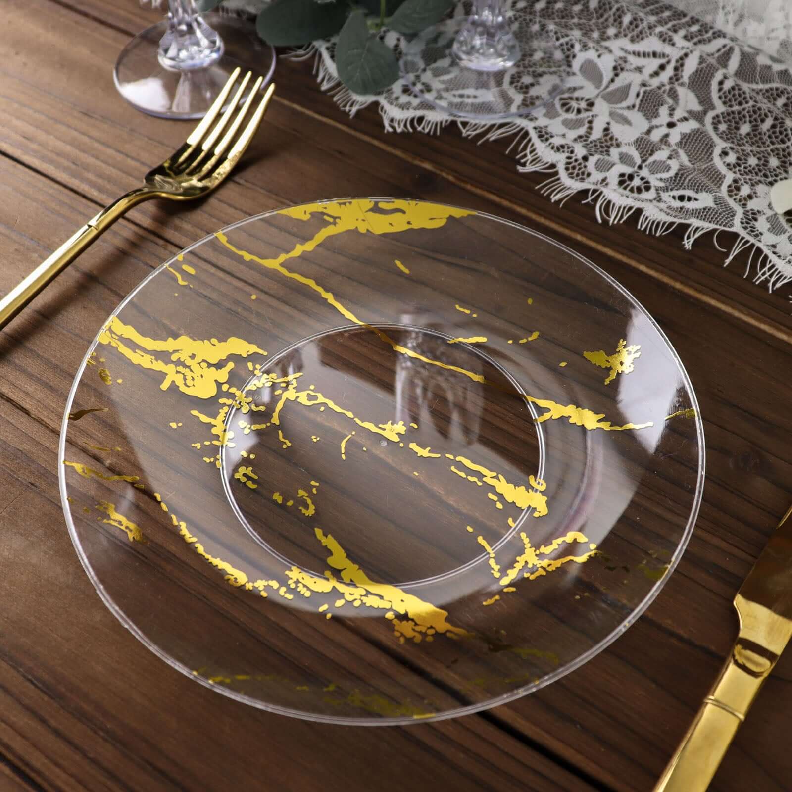 10-Pack Plastic 8" Round Dessert Plates in Clear with Gold Marble Print - Disposable Appetizer/Salad Plates for Chic Banquets & Special Occasions