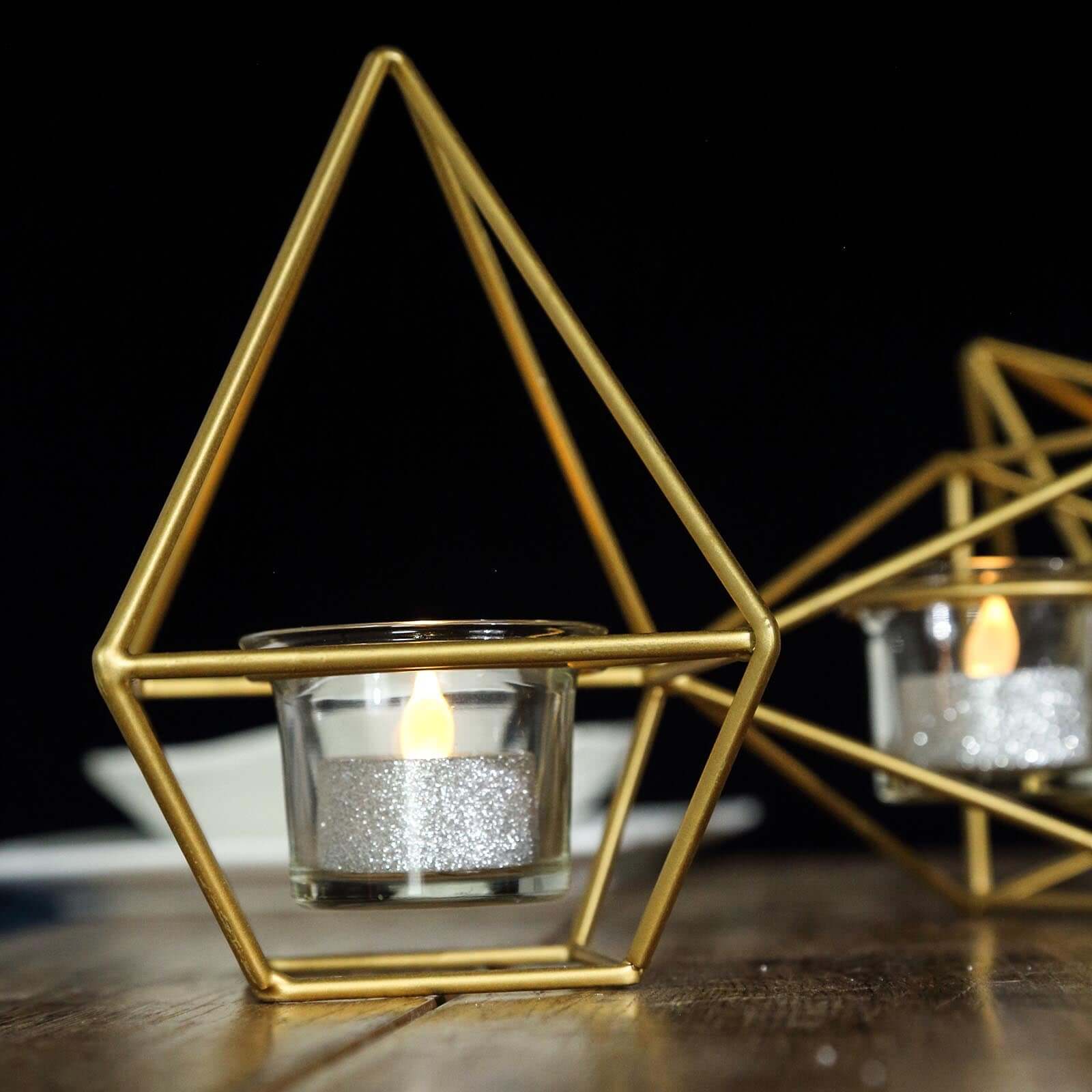 Set of Metal Candle Holders Linked Geometric Design Gold - Modern Votive Glass Decor for Tables & Gatherings 16"