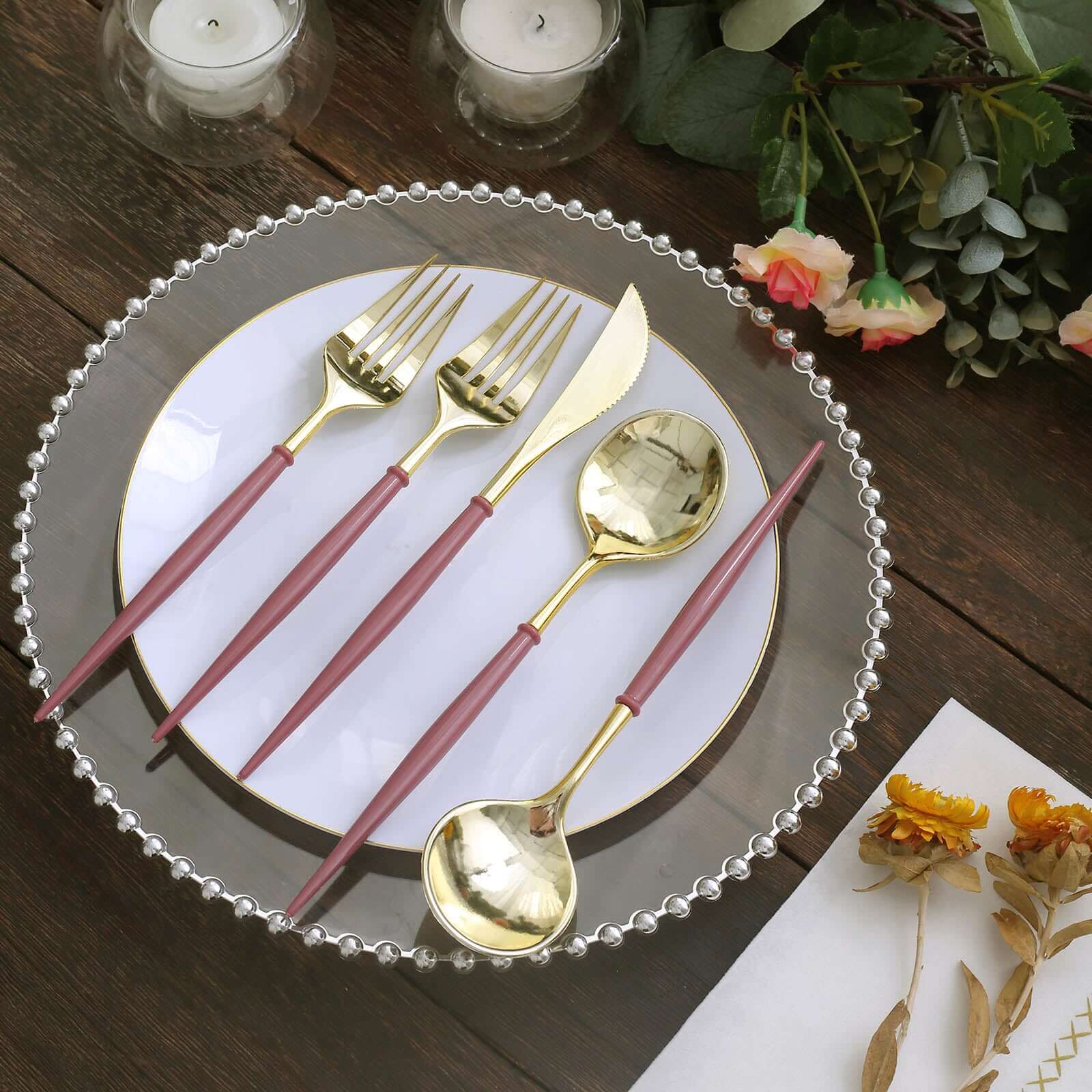 24 Pack 8" Metallic Gold With Cinnamon Rose Disposable Silverware Set, Modern Premium Plastic Utensil Set